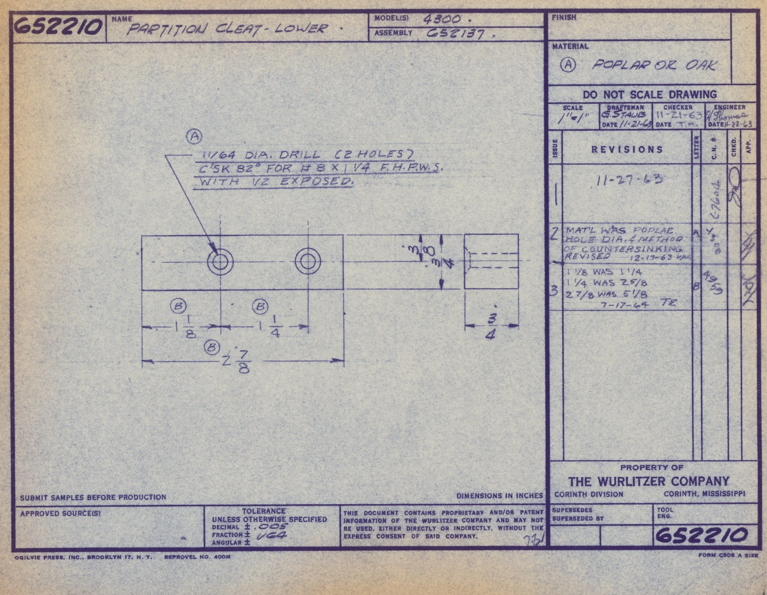 Technical drawing of a partition cleat, lower section, with circular holes and measurements, titled 'Partition Cleat - Lower' by Wurlitzer Company, dated 1963.