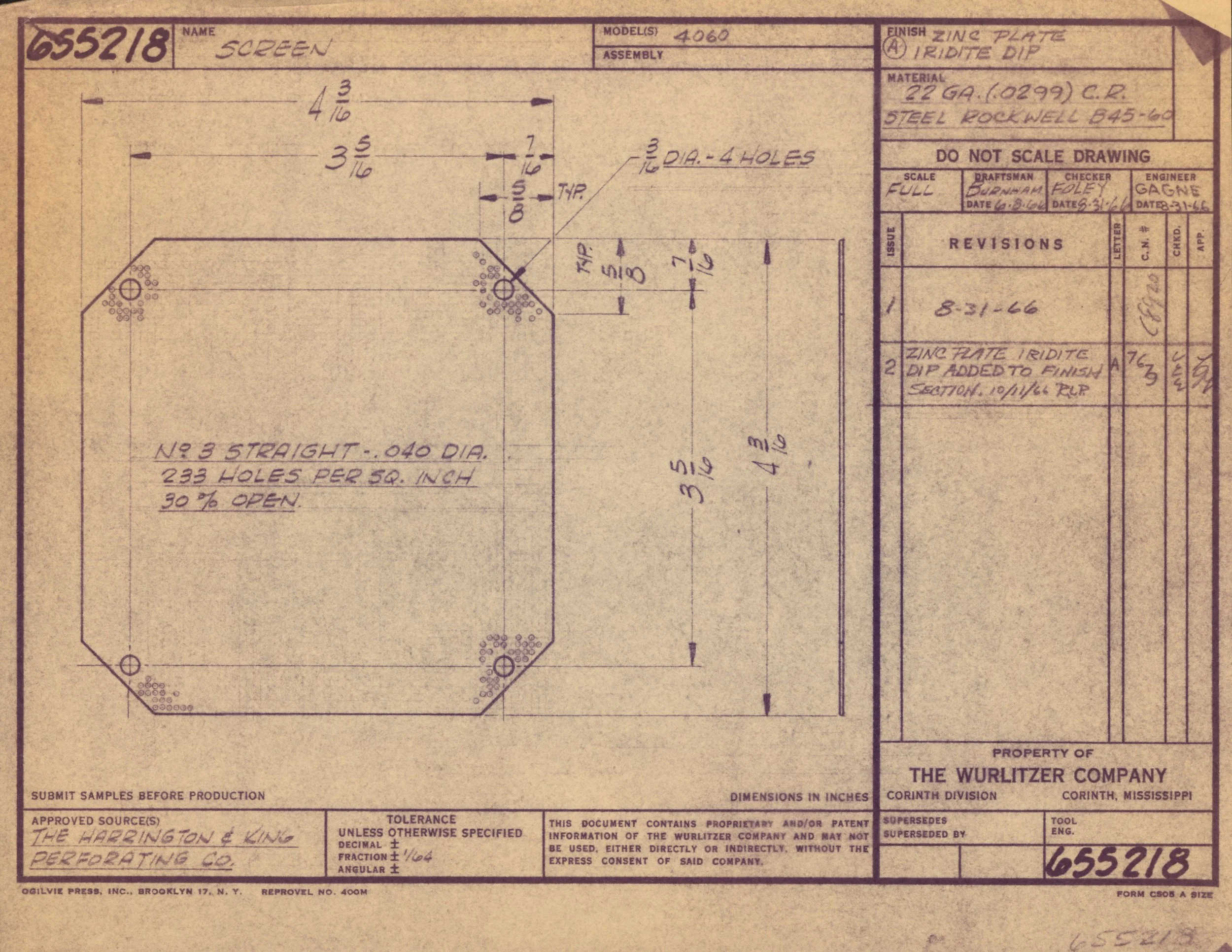Technical engineering drawing of a rectangular metal plate with multiple holes, dimensions marked in inches, notes about material, finish, and manufacturing details.