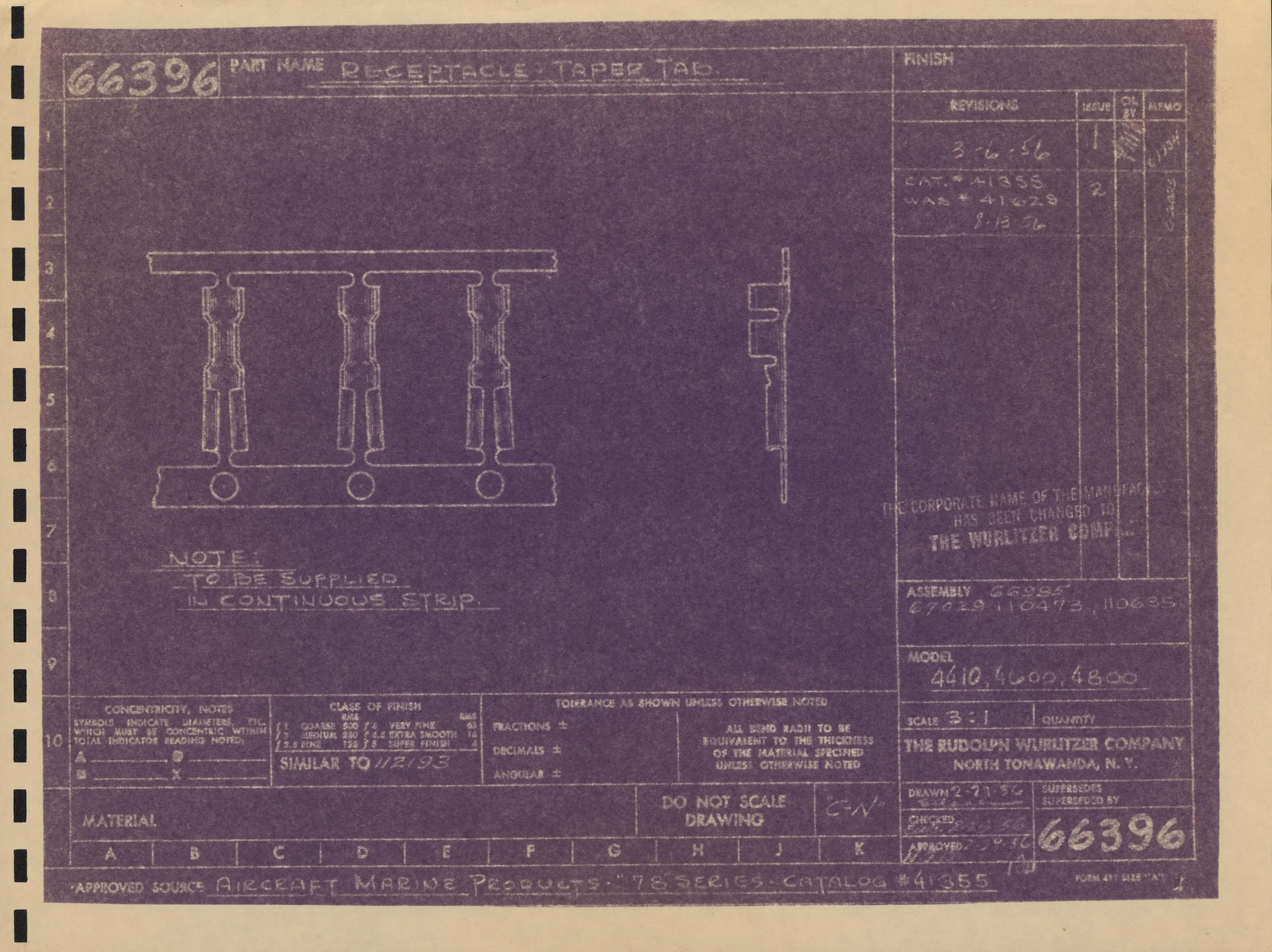 Technical blueprint or schematic diagram for an aircraft receiver taper tab. Contains handwritten annotations, part number 66396, and details about construction, dimensions, and assembly. The document is from Rudolf Würlitzer Company, North Tonawanda