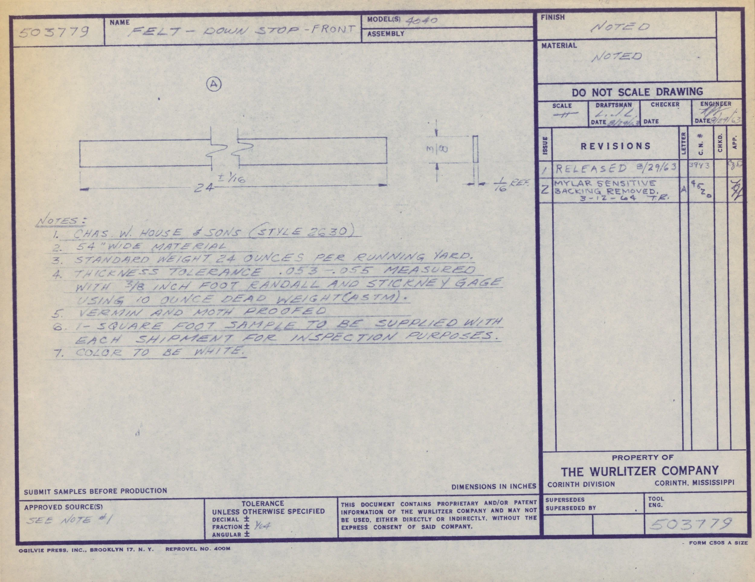 Technical drawing of a metal part labeled 'Felt-Down Stop-Front,' with detailed measurements and notes for manufacturing, created by The Wurlitzer Company.