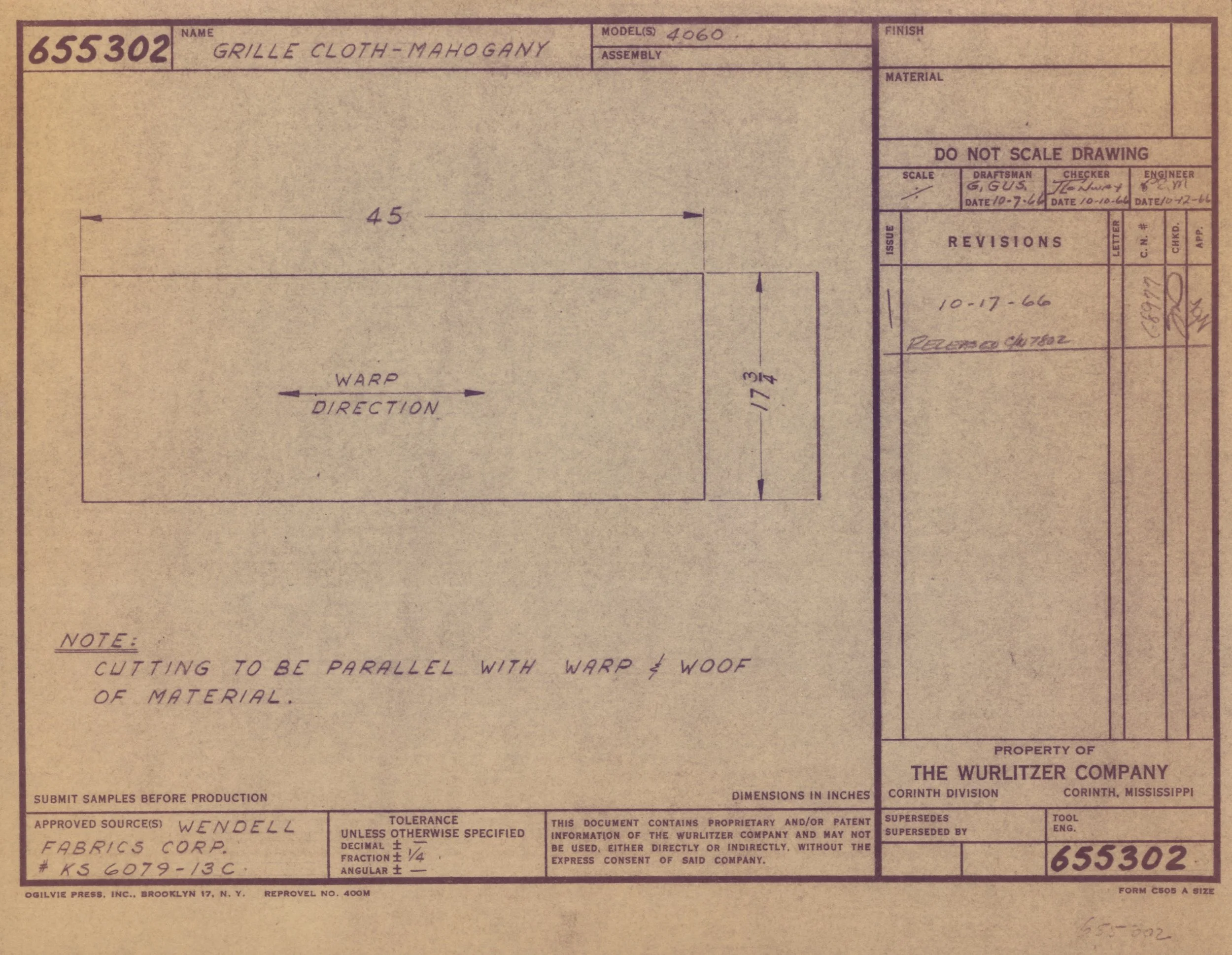 Detailed technical drawing of a mahogany cloth grille with measurements and annotations, including notes about cutting and assembly, created by The Wurlitzer Company in Corinth, Mississippi.