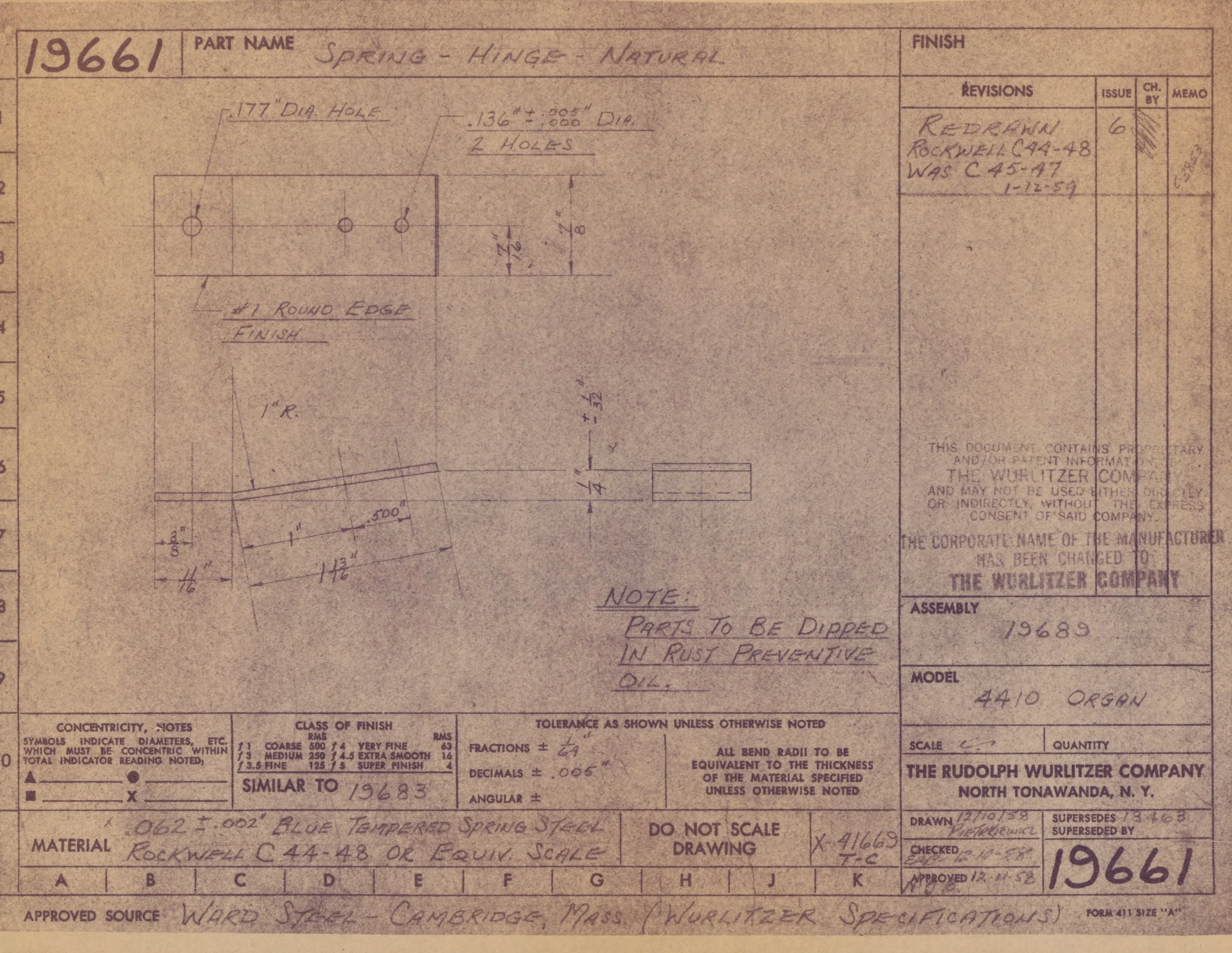 Technical drawing of a spring hinge part from 1961, showing dimensions, hole sizes, and notes on finish and materials used.
