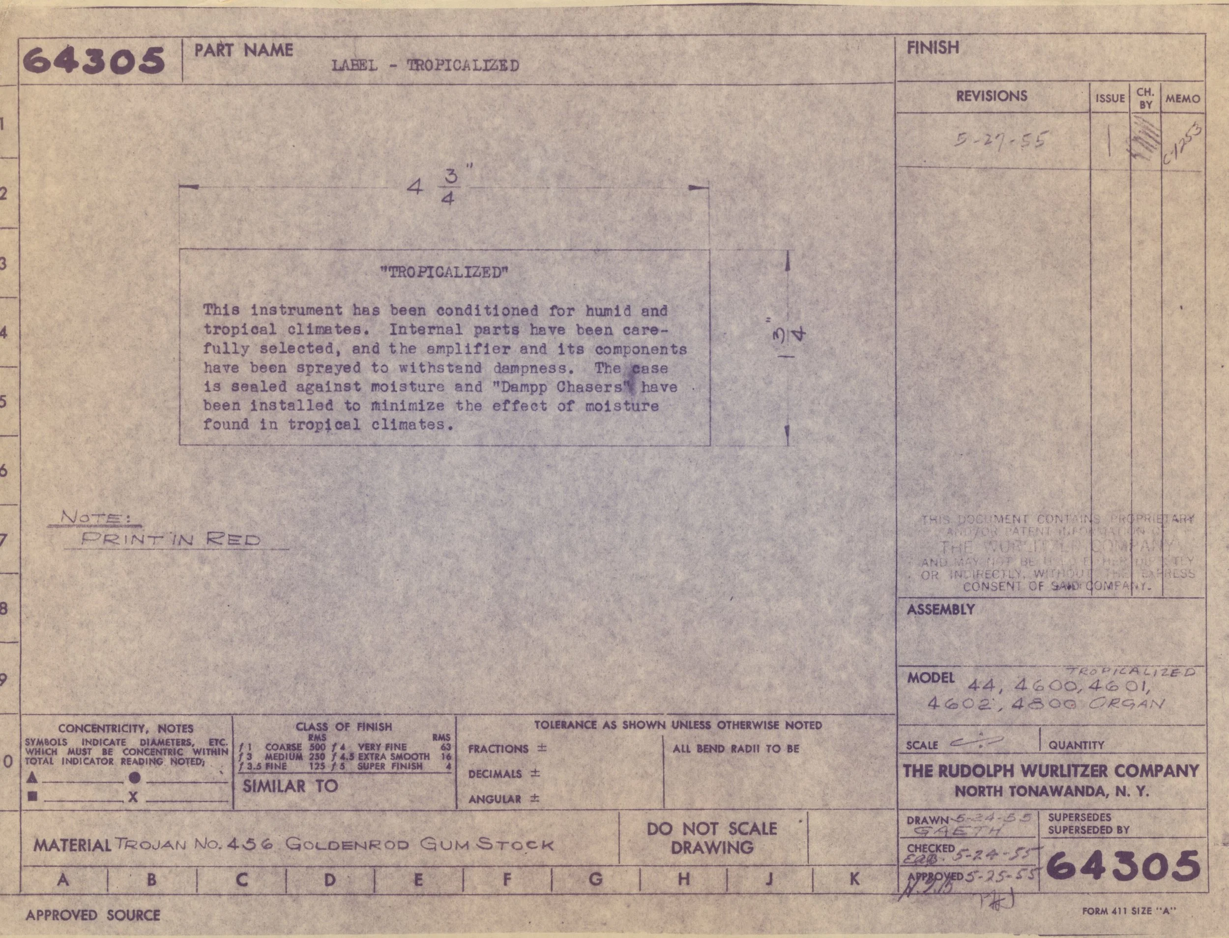 A detailed technical drawing or blueprint of a scientific instrument, labeled 'TROPICALIZED', with specifications on dimensions, materials, finishes, and revisions, from the Rudolph Wurlitzer Company.