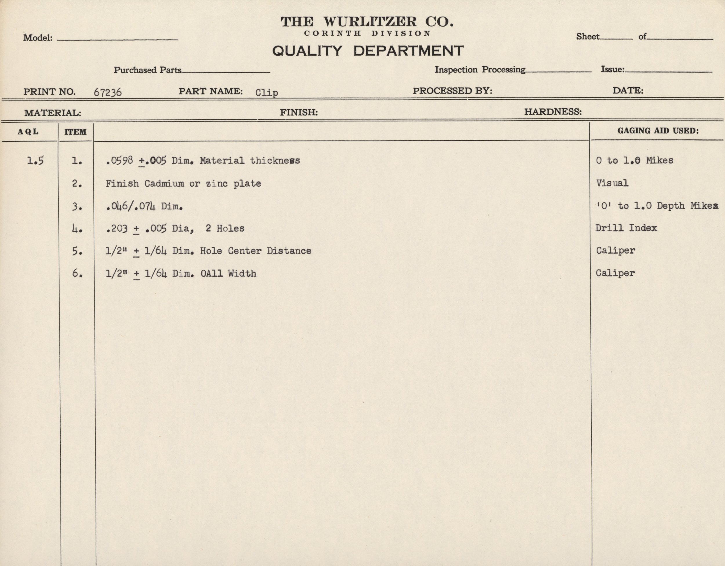 Close-up of a vintage engineering or quality control sheet with handwritten and typed specifications and measurements for a part labeled "clip."