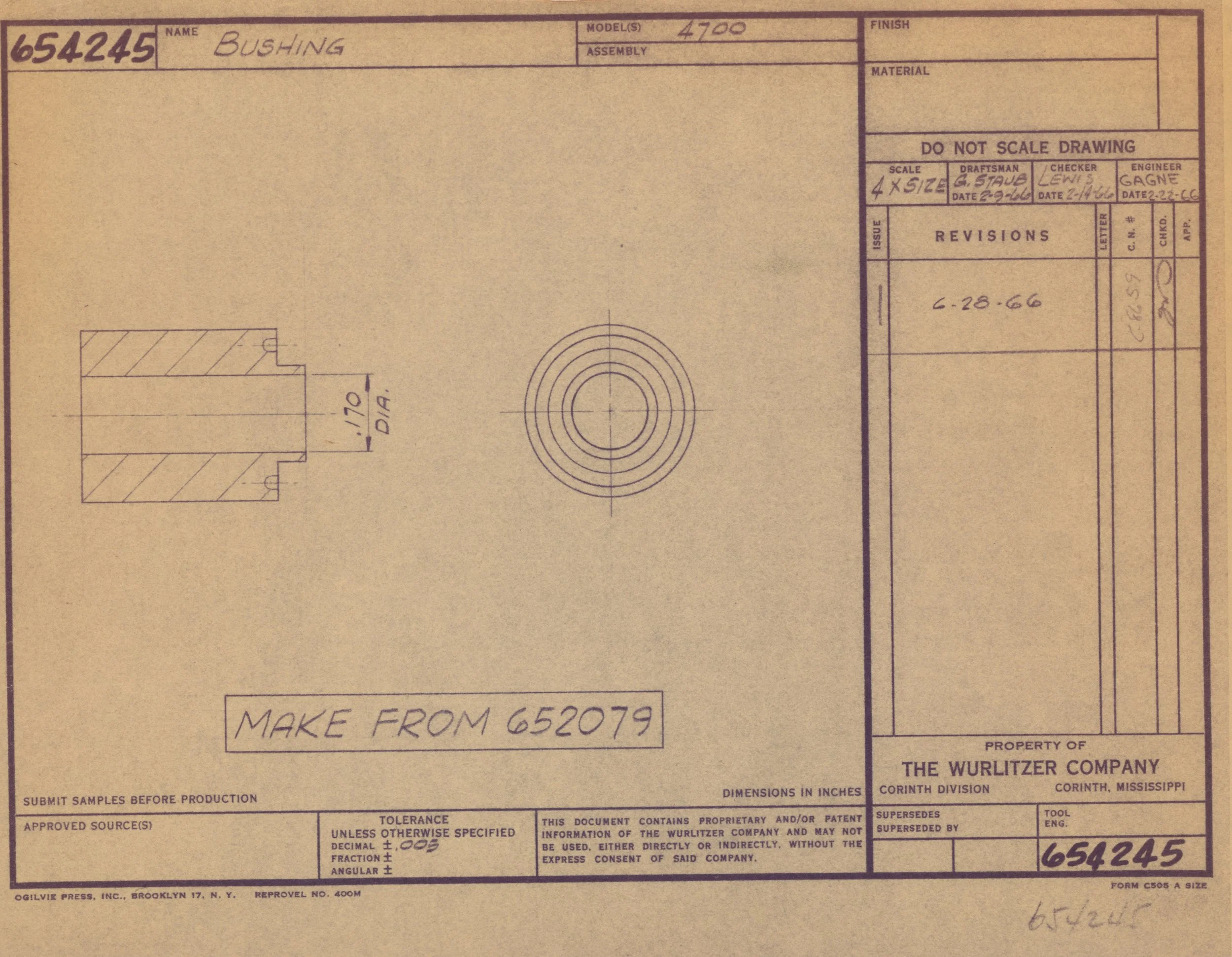 Technical drawing or blueprint for a part labeled 'bushing', with handwritten notes including scale, date, and instructions.