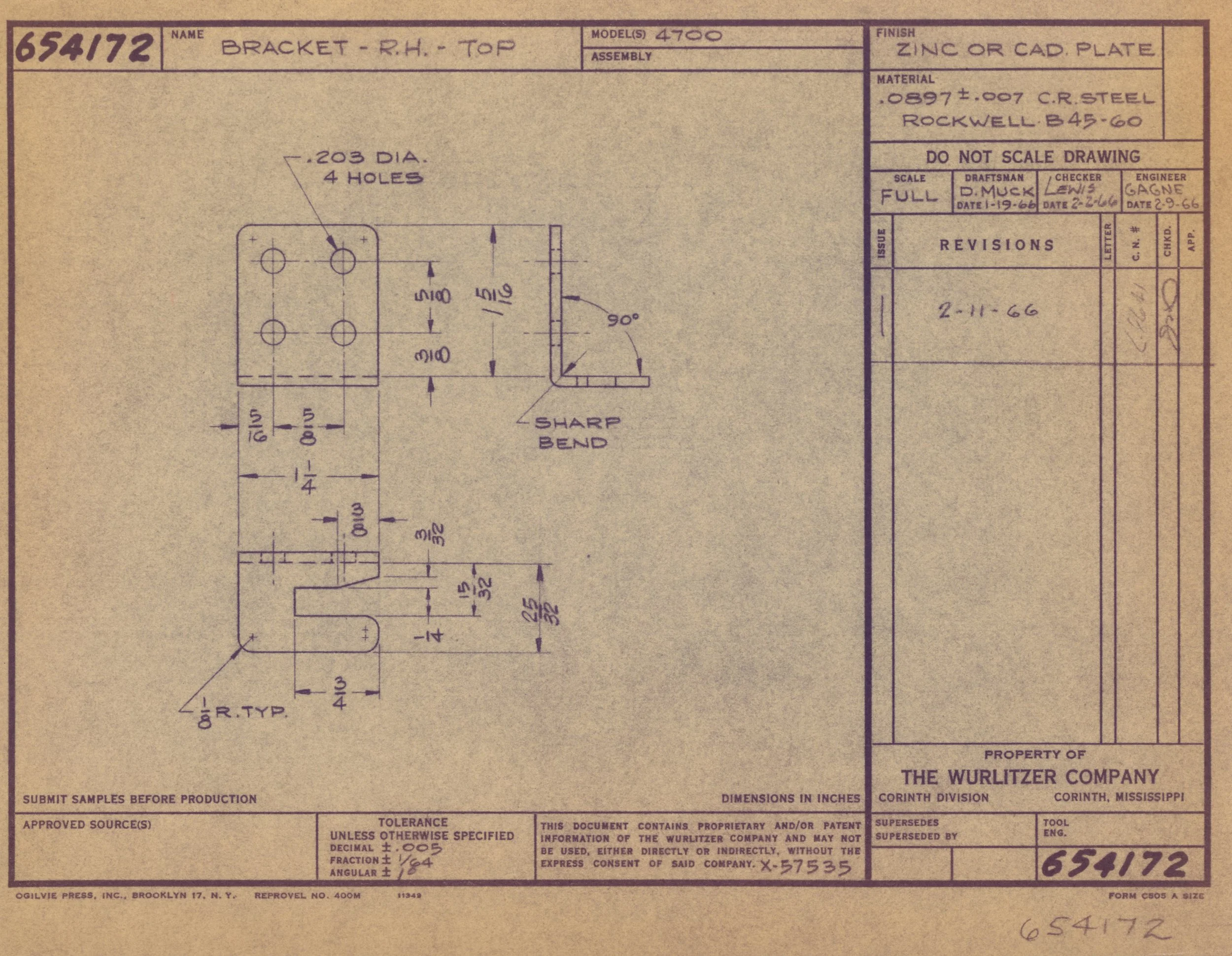 A detailed technical engineering drawing of a bracket for the right-hand top, showing dimensions and specifications, belonging to the Wurlitzer Company.