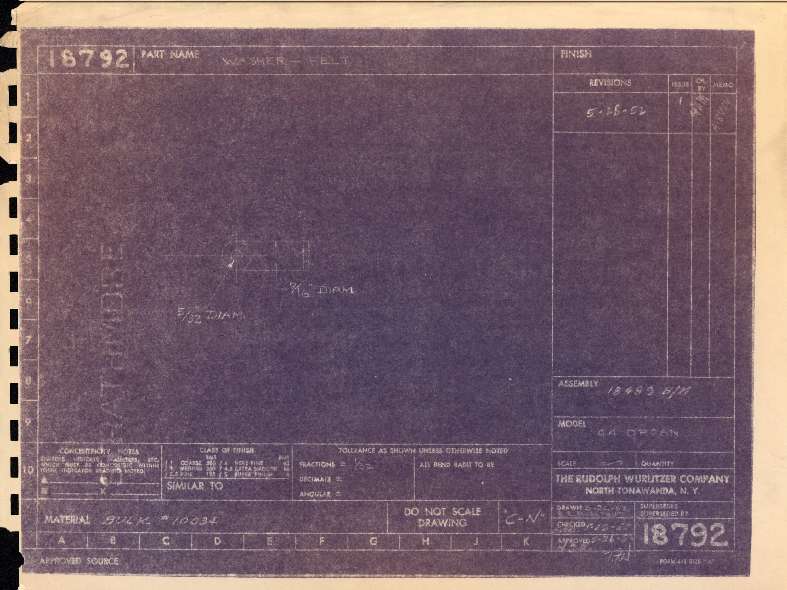 Technical blueprint of a mechanical part with handwritten notes and specifications, including dimensions and material details, labeled with the date 5-28-52 and created by The Rudolph Wurlitzer Company.
