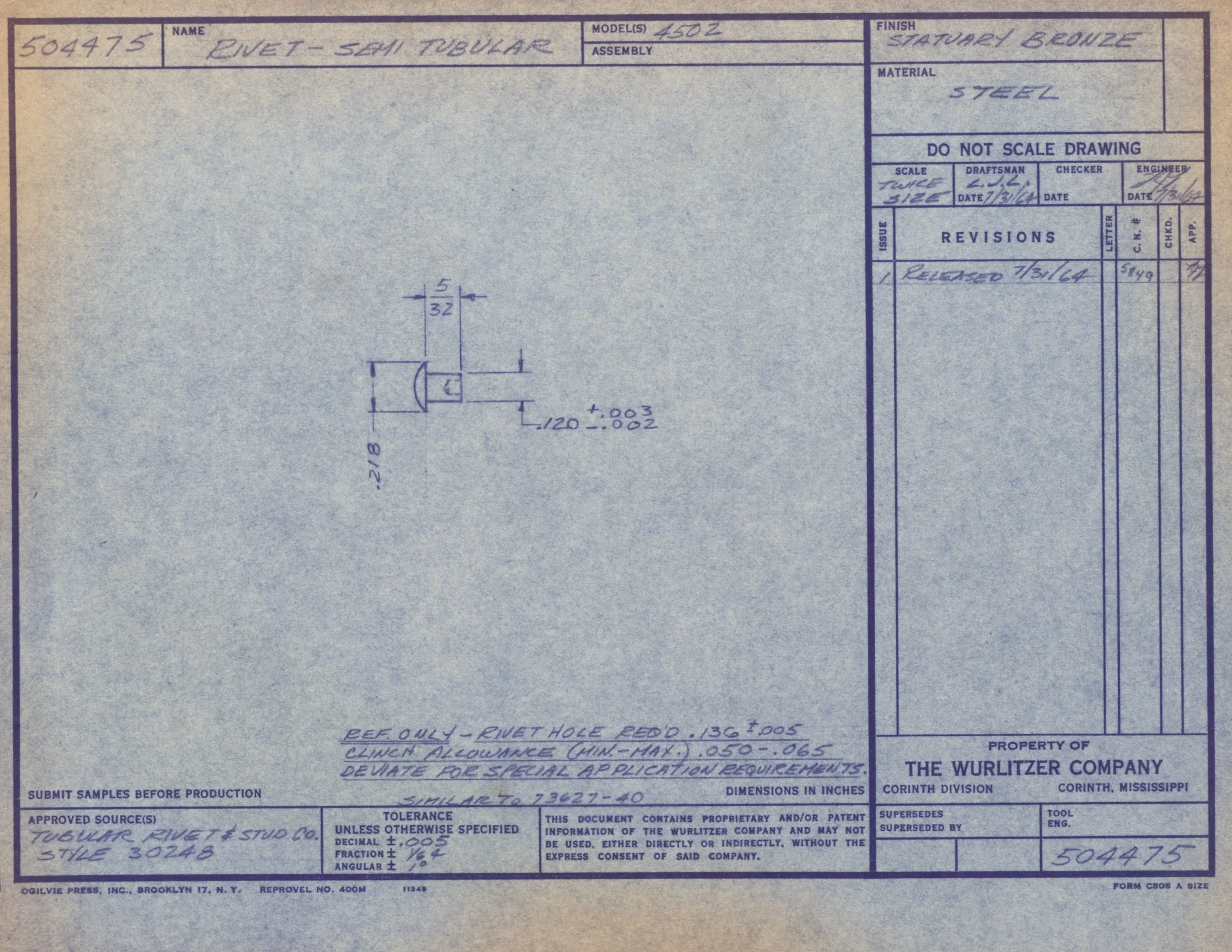 Blueprint of a rivet with specifications, dimensions, and material details. Handwritten notes include model number 4502, finish style inStanley bronze, material steel, and approval details from Wurlitzer Company.