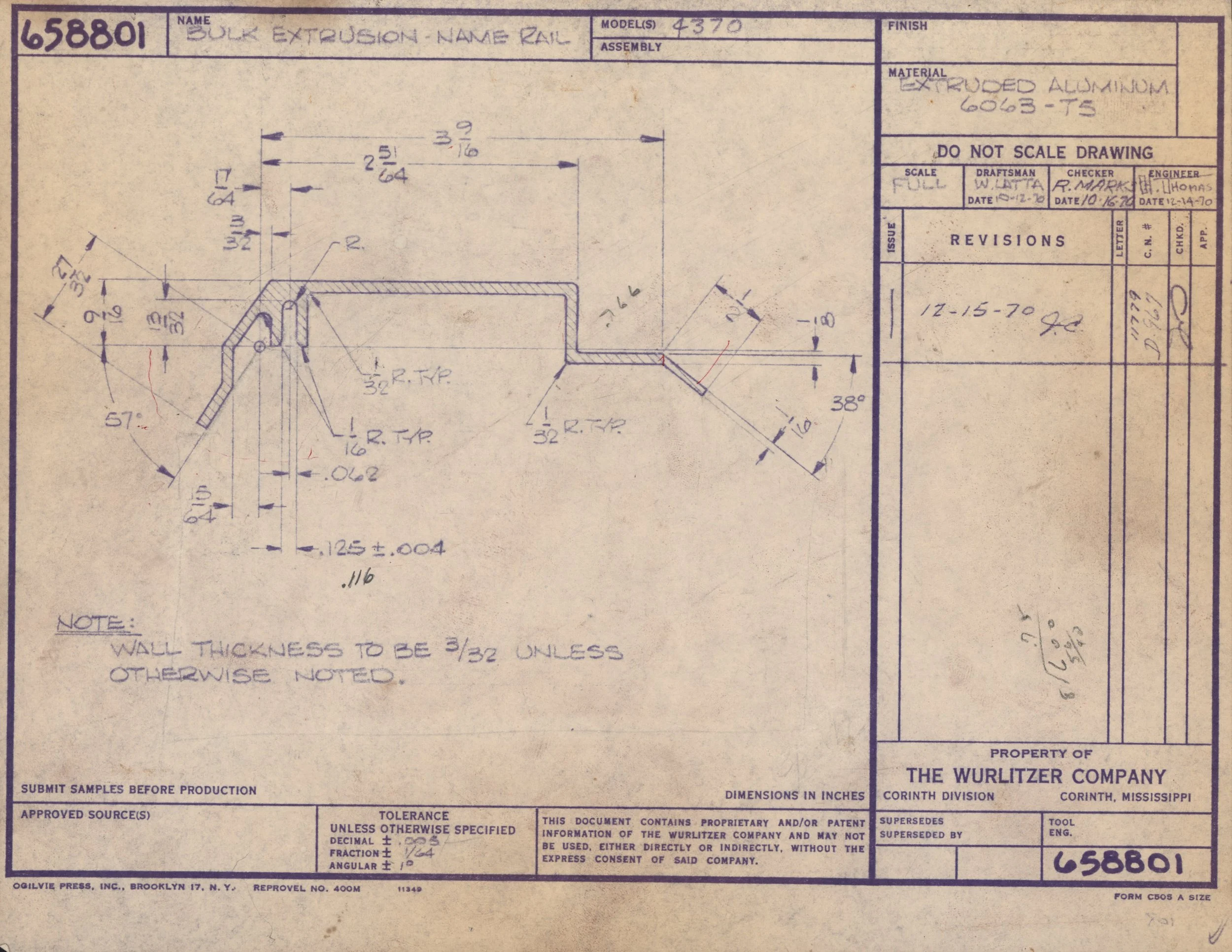 Engineering blueprint of a steel extrusion with detailed measurements and annotations, titled 'Bulk Extrusion - Name Rail,' created by The Wurlitzer Company in Corinth, Mississippi.