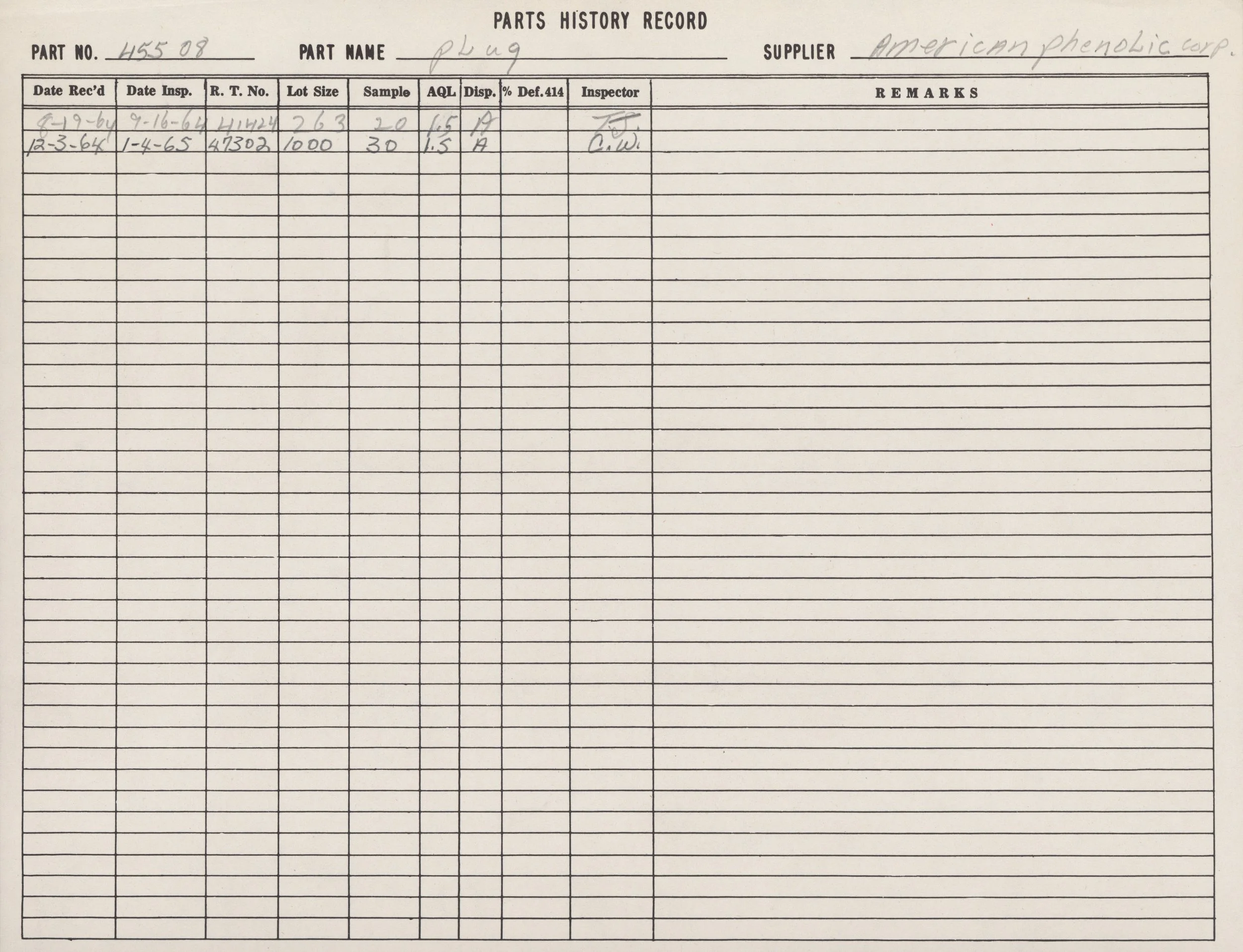 A historical record sheet for a part labeled 'plug', including dates, part numbers, and inspection details, with handwritten notes and supplier 'American Phenolic Corp.'