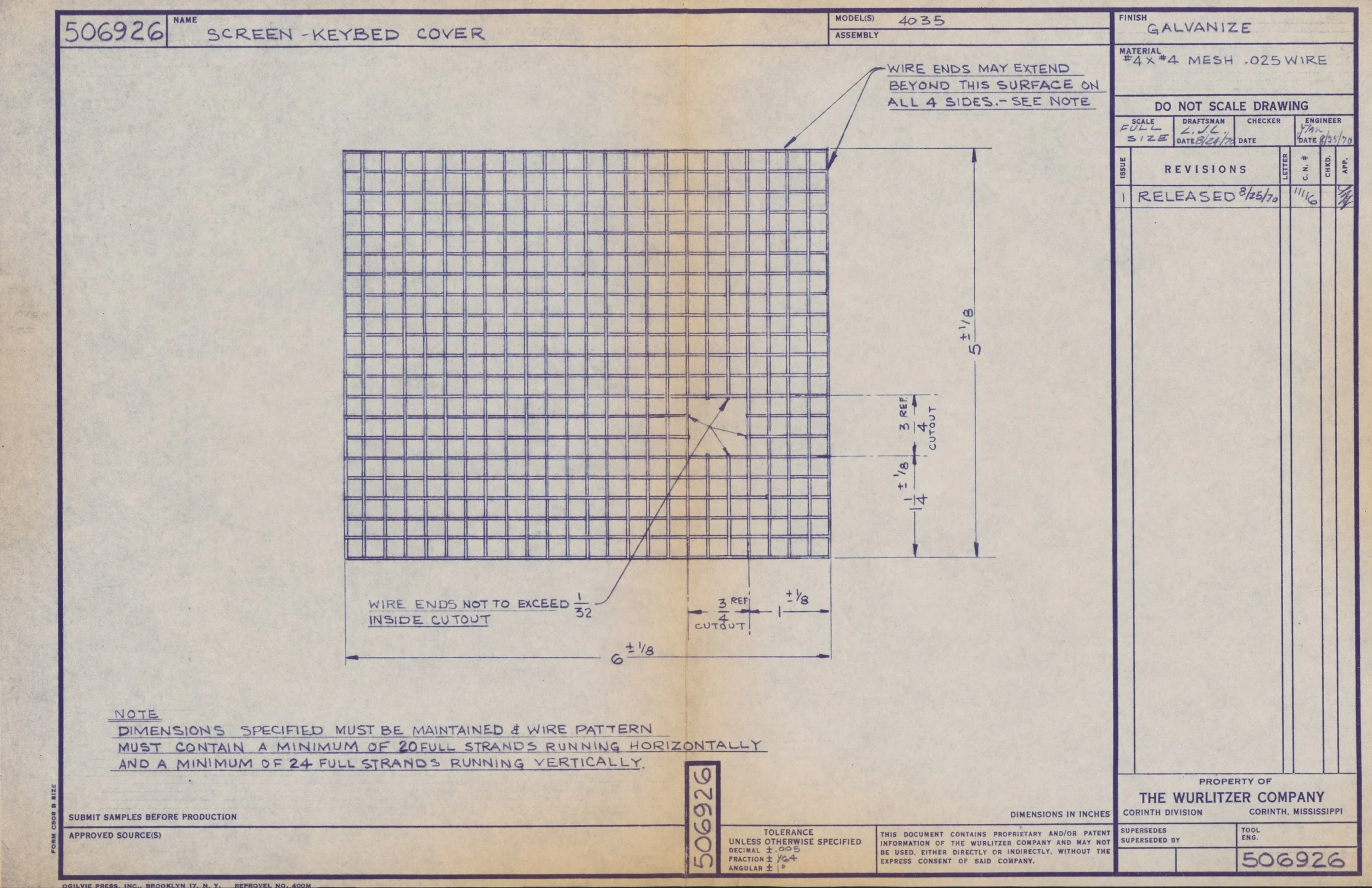 Blueprint plan for a screen-keyed cover with detailed measurements, wire specifications, and notes for construction, including details about wire ends, pattern, and dimensions.