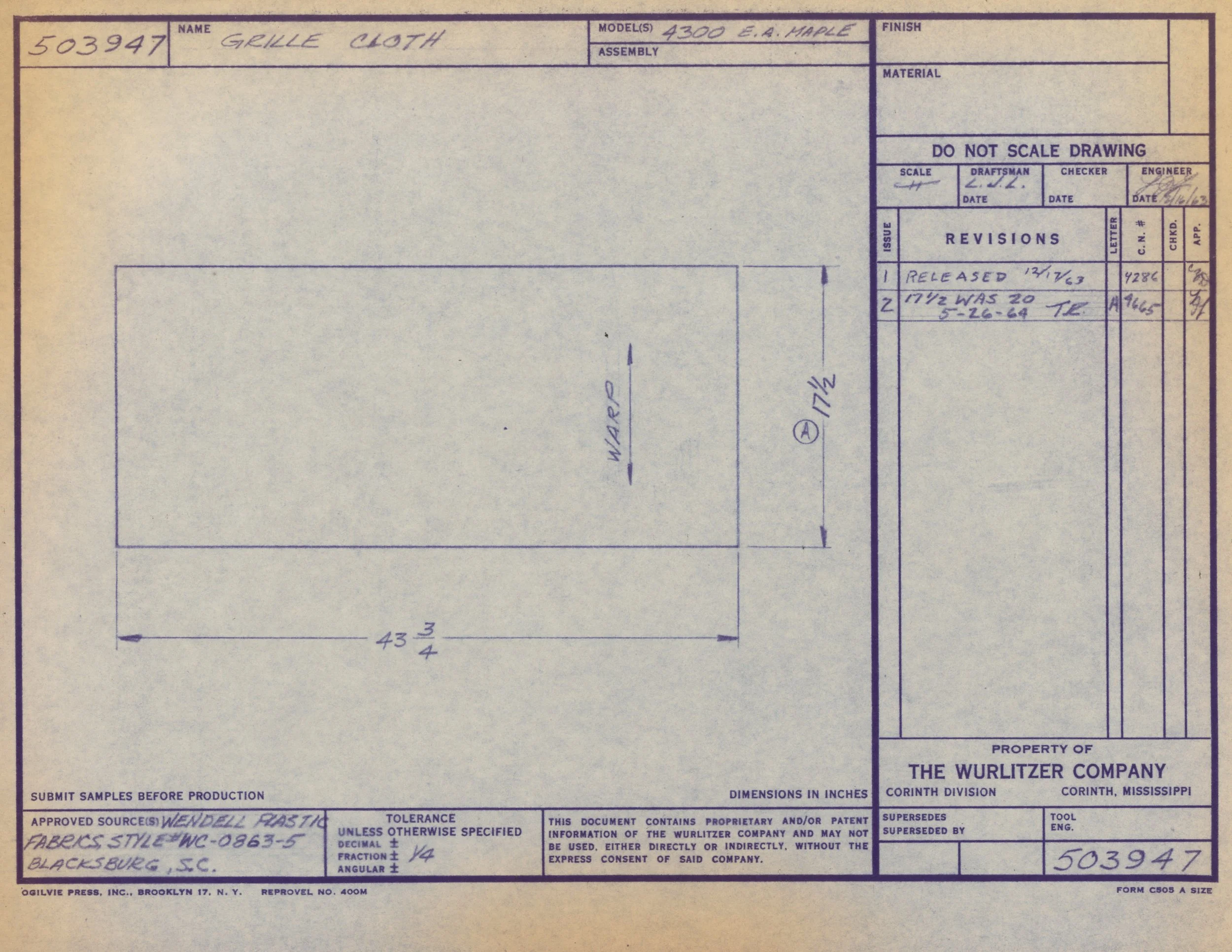 Blueprint or technical drawing of a grille cloth, with measurements and technical details, created by The Wurlitzer Company in Corinth, Mississippi.