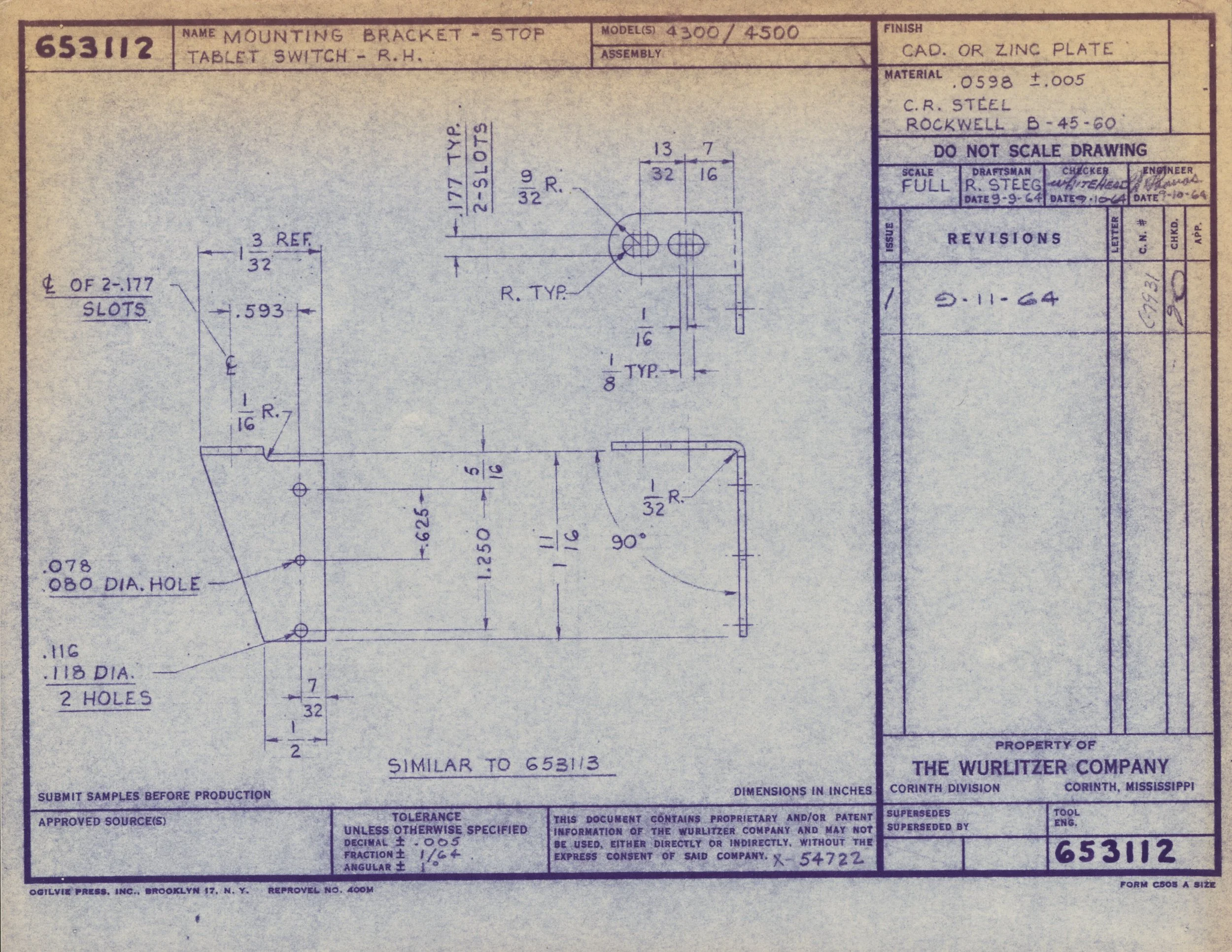 Technical engineering blueprint for a mounting bracket, stop, and tablet switch for right-hand side, with detailed measurements, part specifications, and revision notes.
