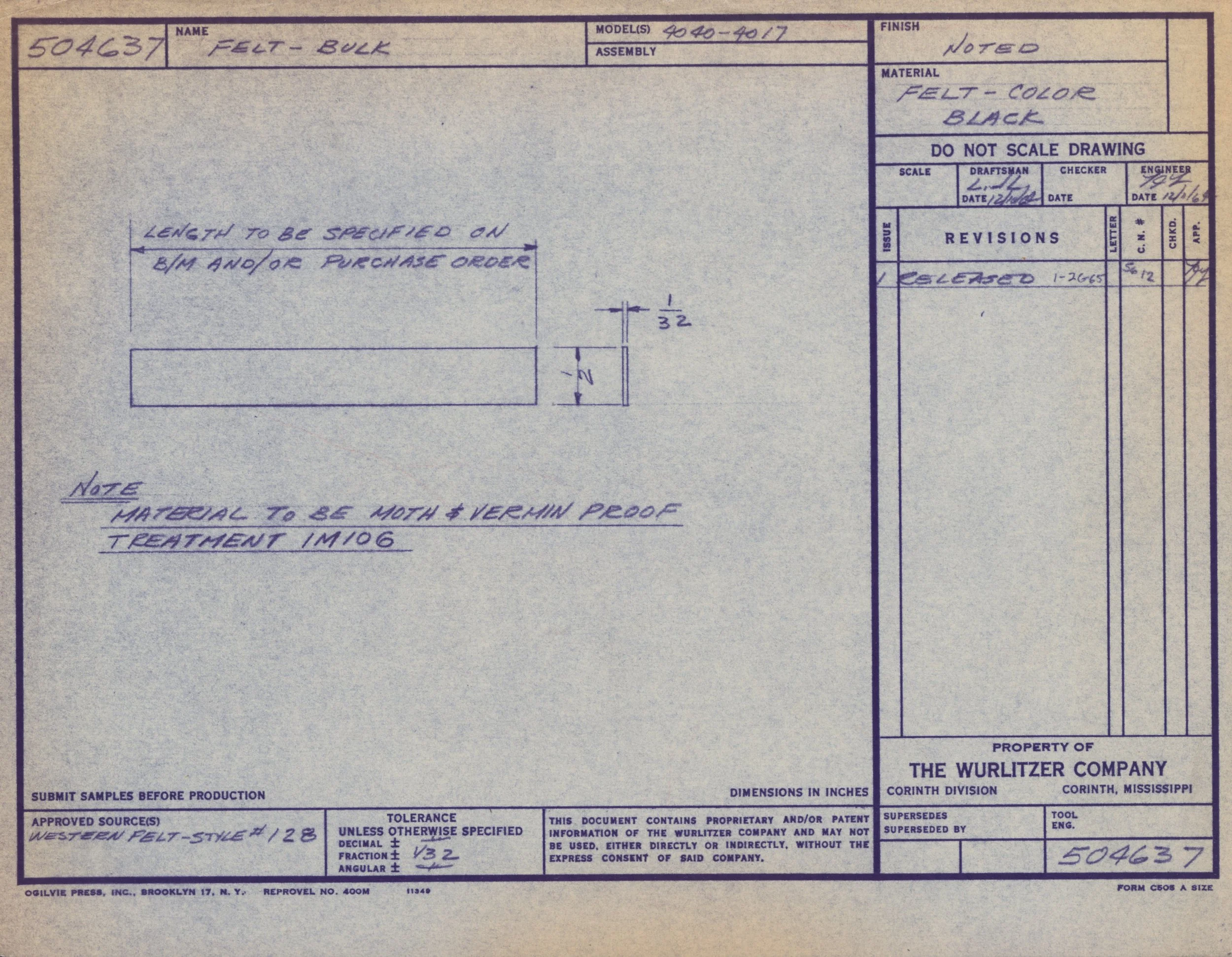 A technical manufacturing blueprint for a felt bulk material. The document includes details such as the part name, model number, material specifications, instructions for length measurement, and notes about material properties, with some handwritten 