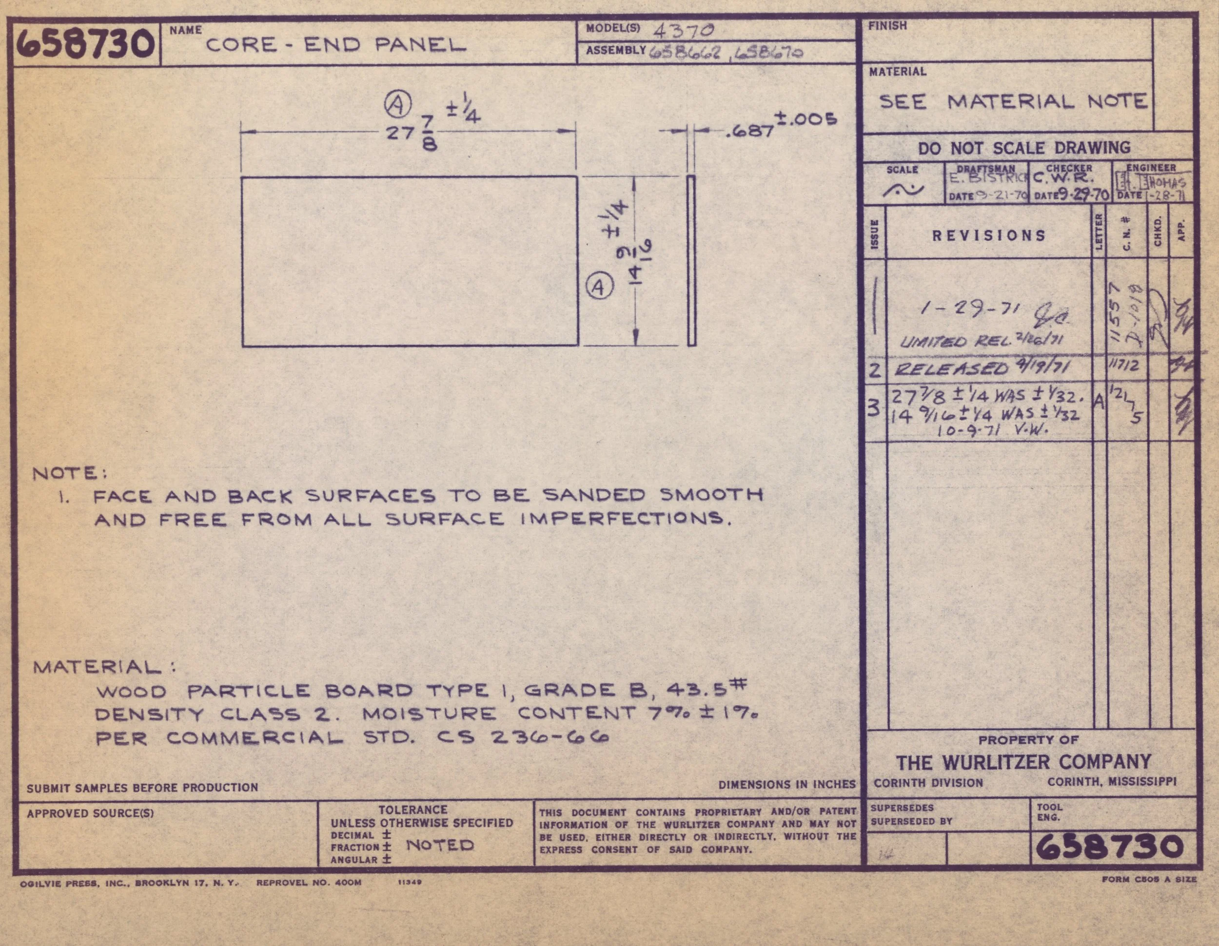 Technical blueprint or engineering drawing of a core-end panel, including dimensions, material specifications, revision notes, approval signatures, and project details.