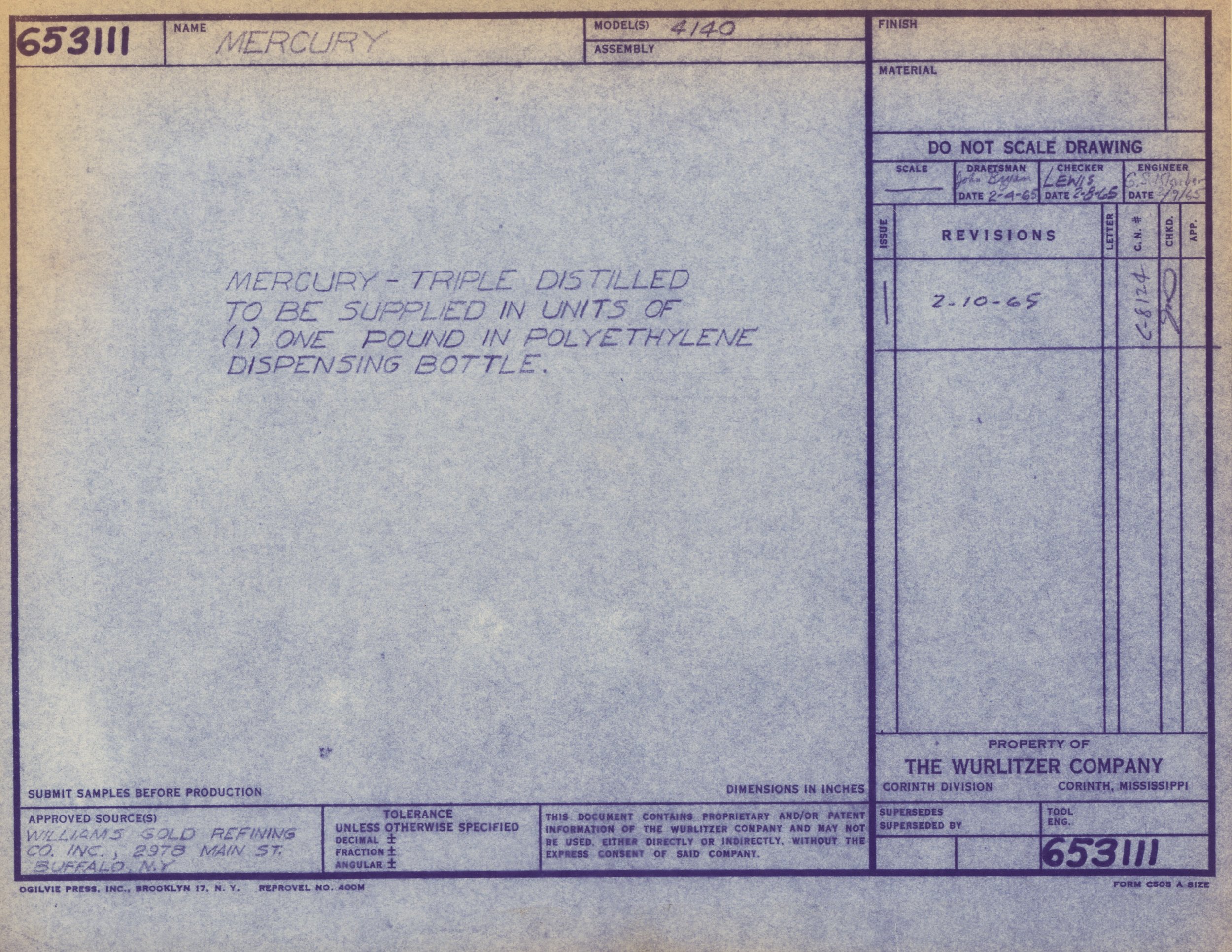 Technical document with handwritten notes and printed sections, mentioning Mercury, triple distilled, supplied in units of one pound in polyethylene dispensing bottle, and referencing Wurlitzer Company, located in Corinth, Mississippi.