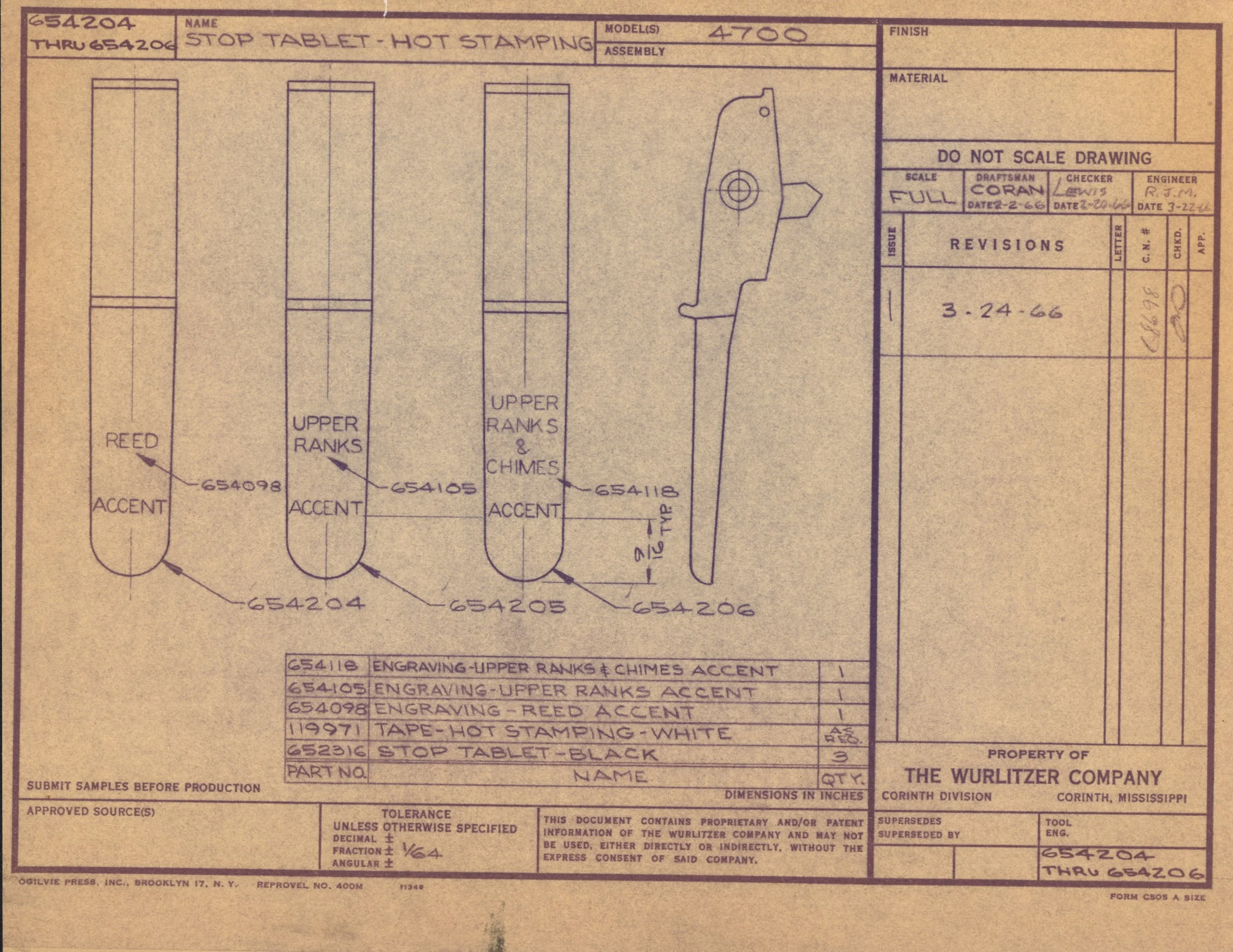 Blueprint for a hot stamping stop tablet with labeled sections for upper ranks, chimes, and accents, including technical details and revisions.