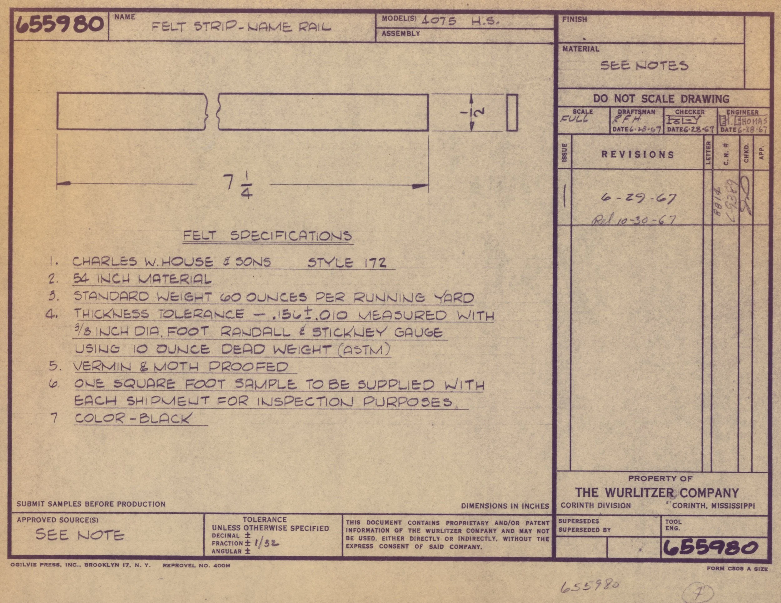 A technical drawing or blueprint of a felt strip rail, with handwritten notes and specifications, including dimensions, materials, and approval stamps.