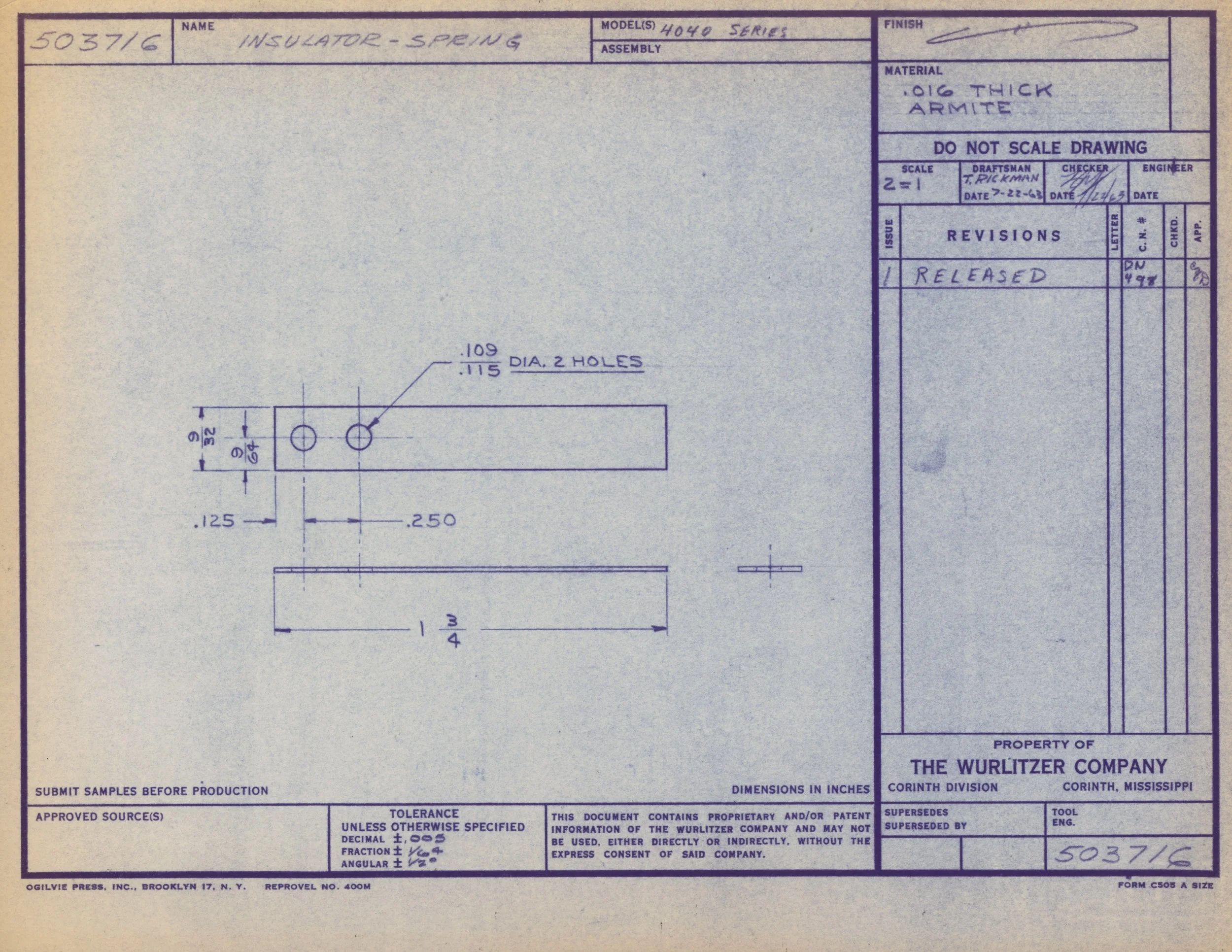 A technical engineering drawing of a spring insulator, showing dimensions and details for manufacturing, with handwritten notes and signatures in a blueprint style.