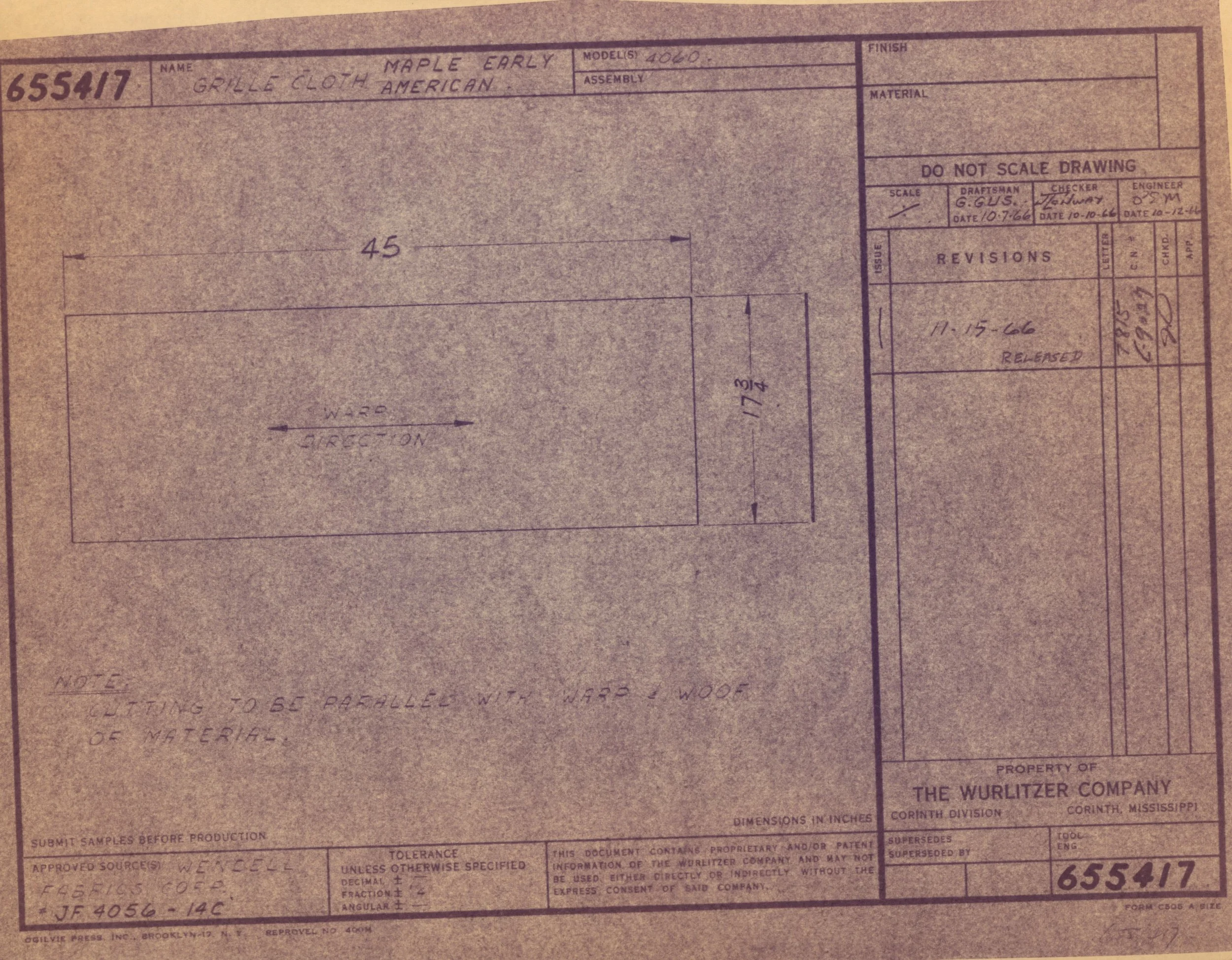 Technical blueprint or architectural drawing with handwritten notes, measurements, and signatures. The document is titled 'Maple Early' and is related to the 'Wurlitzer Company' in Mississippi.