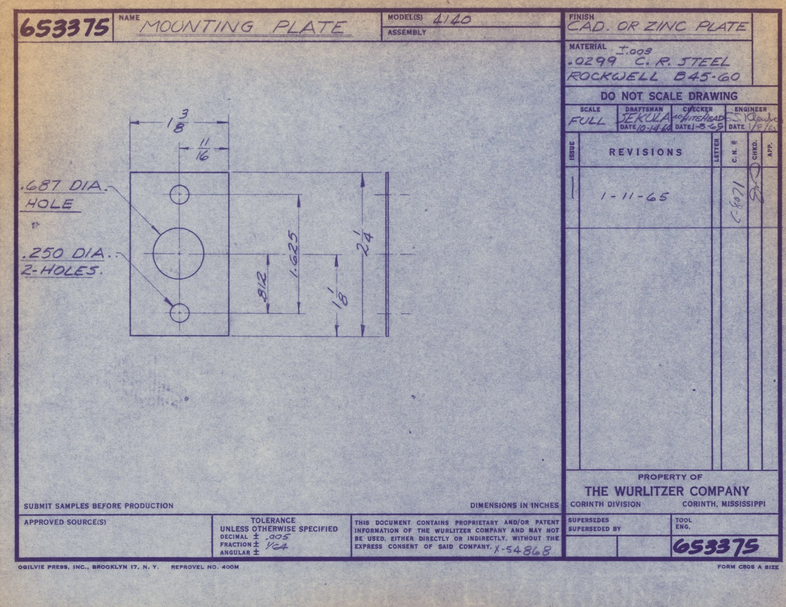 Technical drawing blueprint sketch of a mounting plate with measurements and details, labeled with part number 653375, including dimensions and specifications for manufacturing.