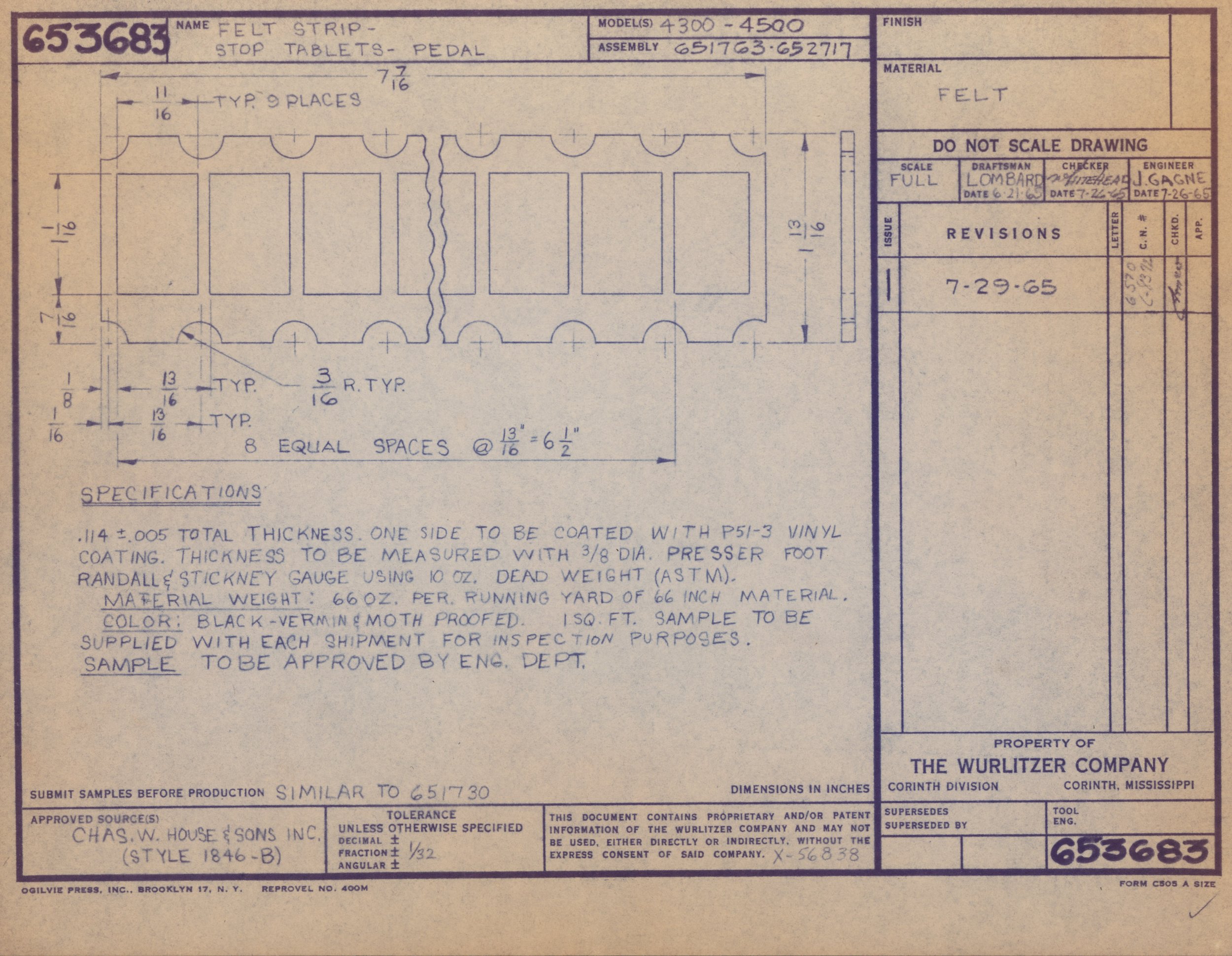 Technical blueprint for felt stop tablets pedal, showing dimensions, specifications, and manufacturing details from Wurlitzer Company.