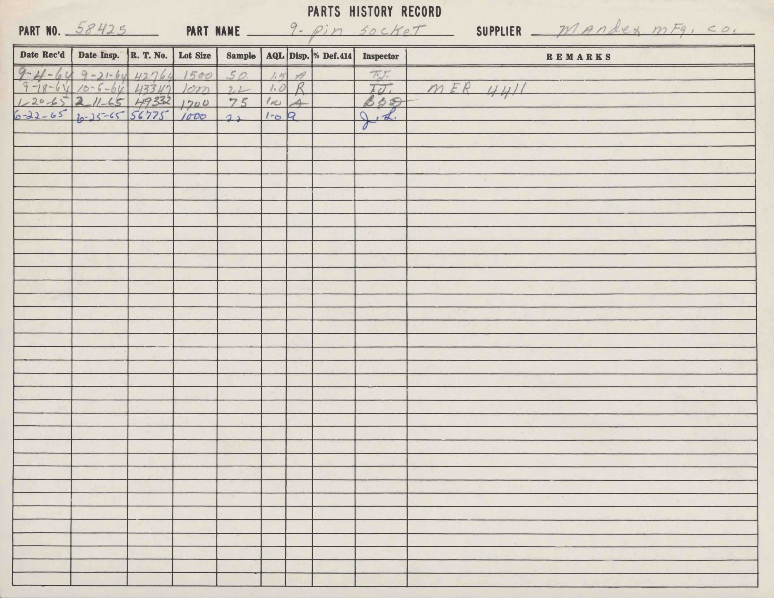 A historical record sheet for a part, showing part number 58425, part name 9-pin socket, with various dates, sample sizes, and inspector notes written in both black and blue ink.