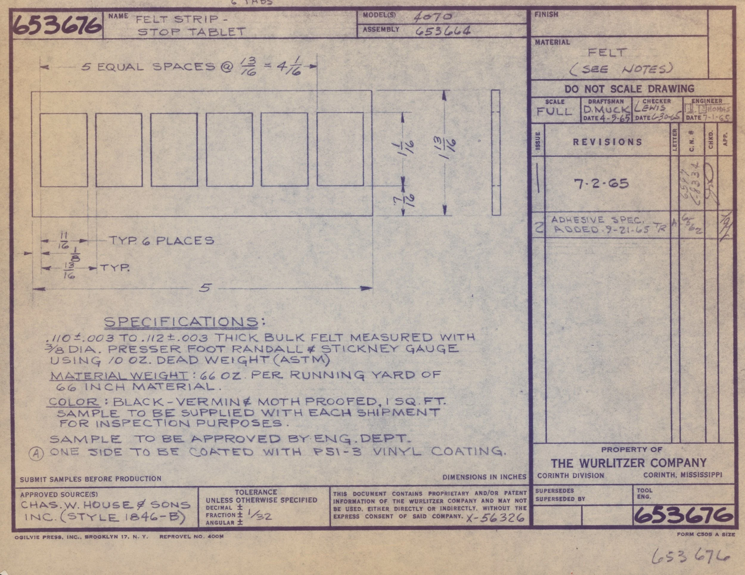 Blueprint or technical drawing for felt stop tablets, showing dimensions, spacing, and specifications for manufacturing.