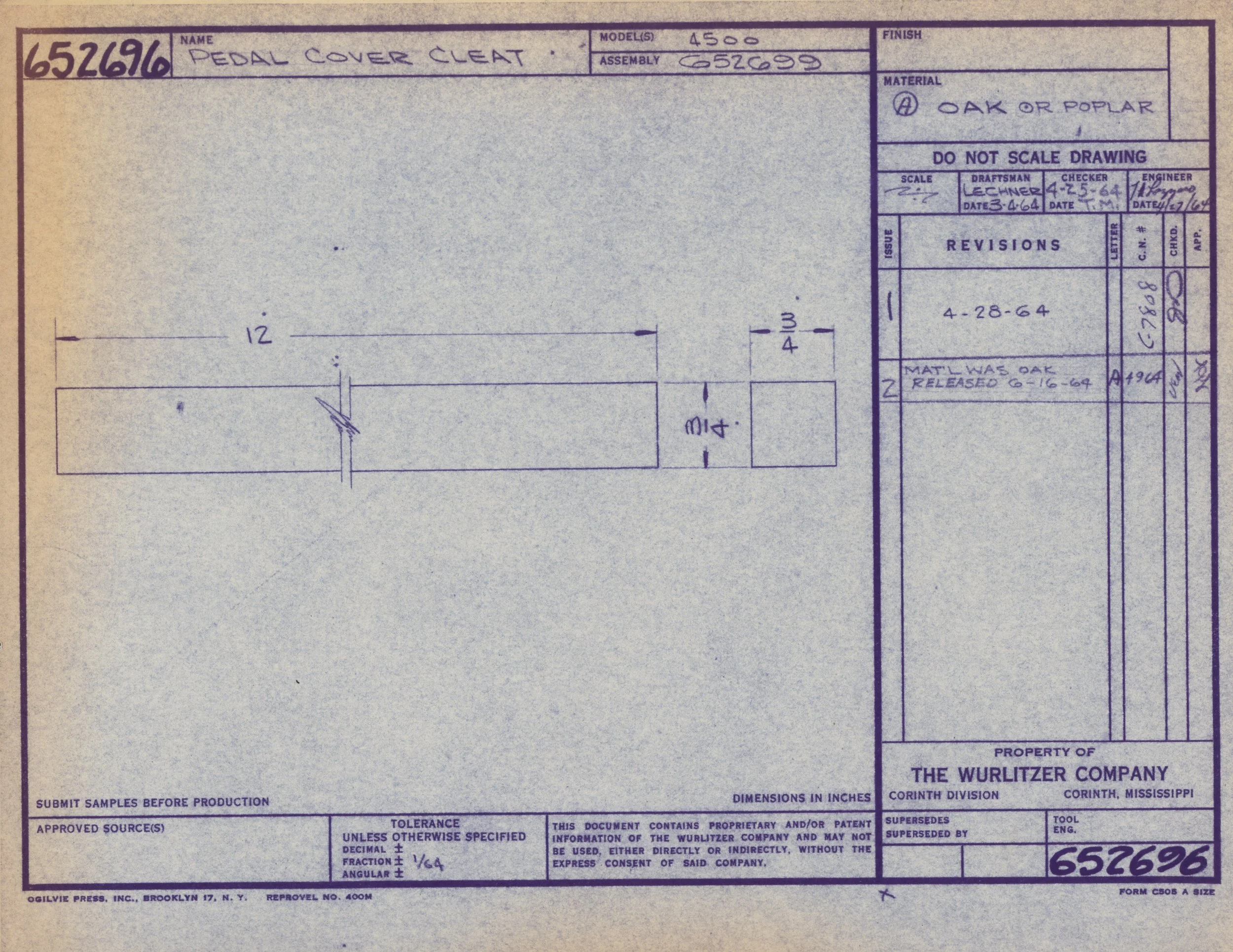 Technical drawing or blueprint titled 'Pedal Cover Clear' for a model 4500, with measurements, notes, and revisions, produced by The Wurlitzer Company, Corinth, Mississippi.