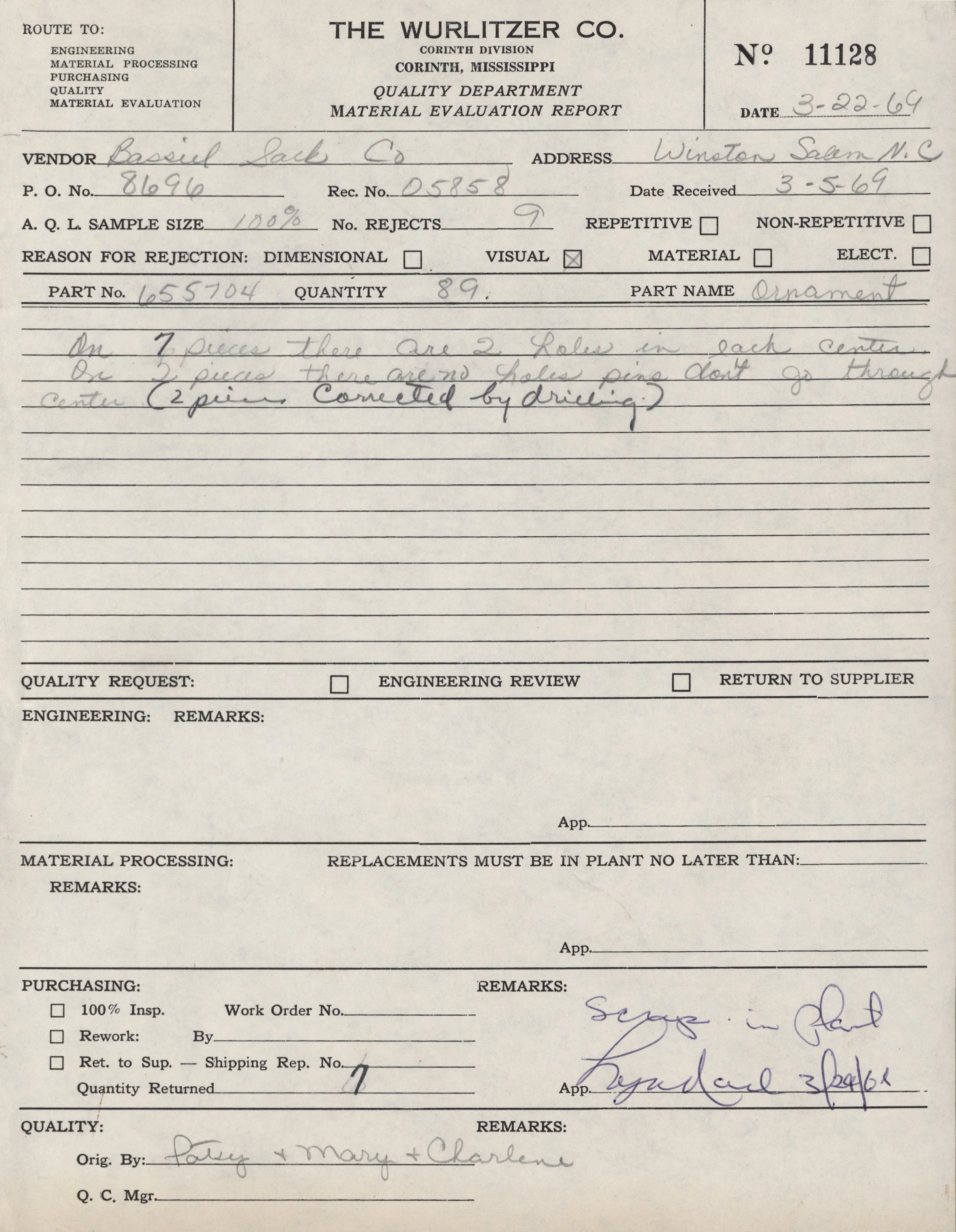 A vintage document titled 'Material Evaluation Report' from The Wurlitzer Co., dated March 22, 1969. It contains handwritten notes about ornaments, with details about the vendor, part number, quantity, and comments.