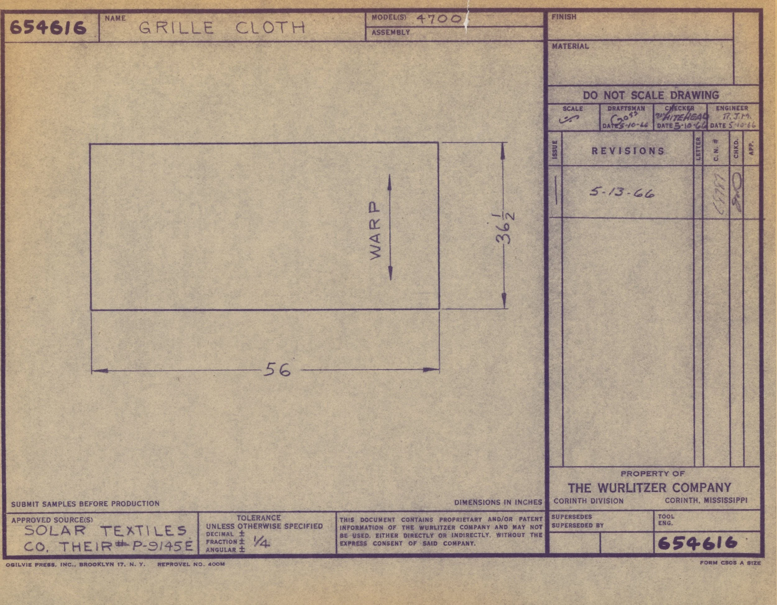 Blueprint or technical drawing for a grille cloth, with dimensions and technical specifications, created by The Wurlitzer Company, property of Solar Textiles Company.