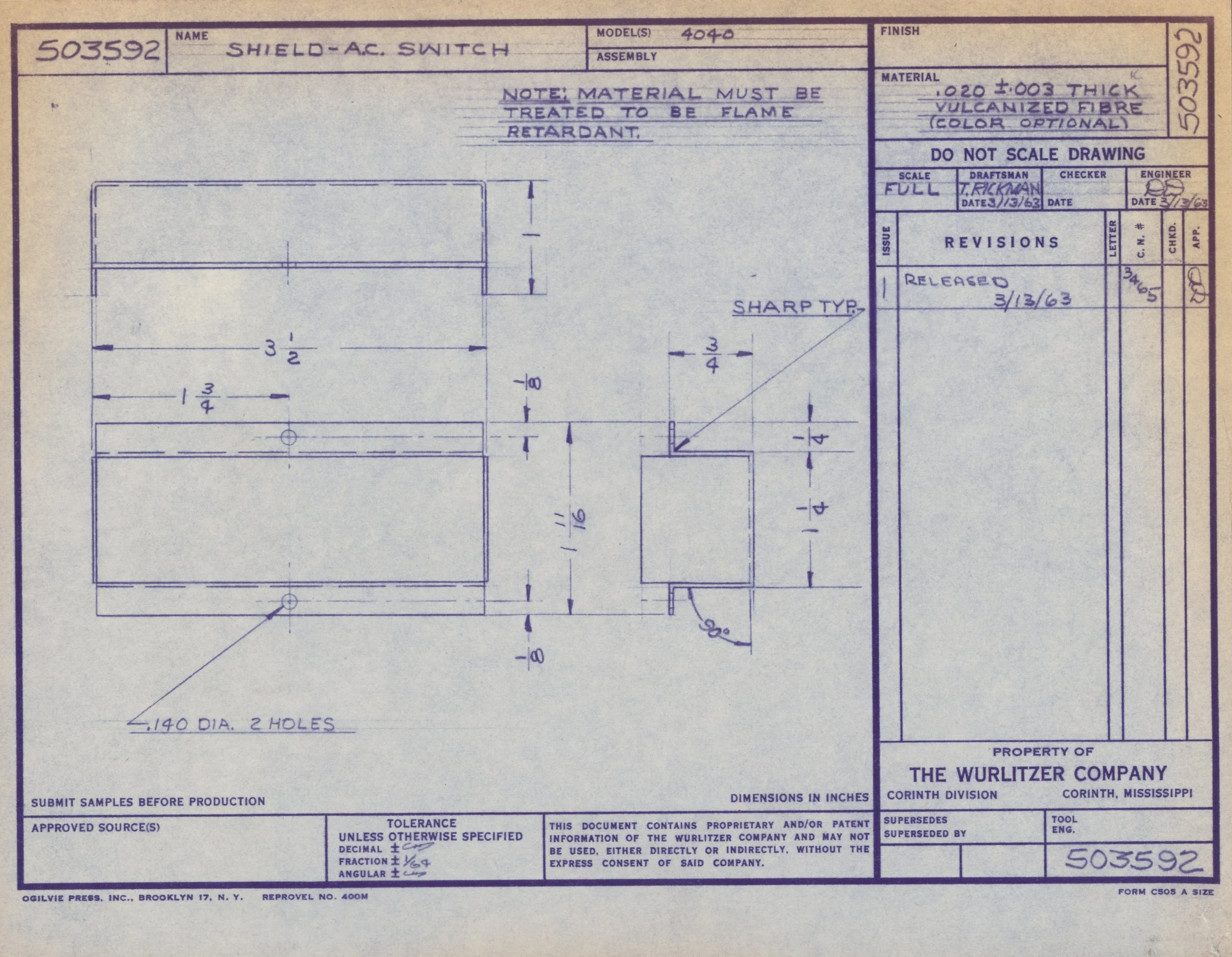 Technical drawing blueprint of an electrical shield switch, with dimensions, notes, and annotations, produced by The Wurlitzer Company in Corinth, Mississippi.