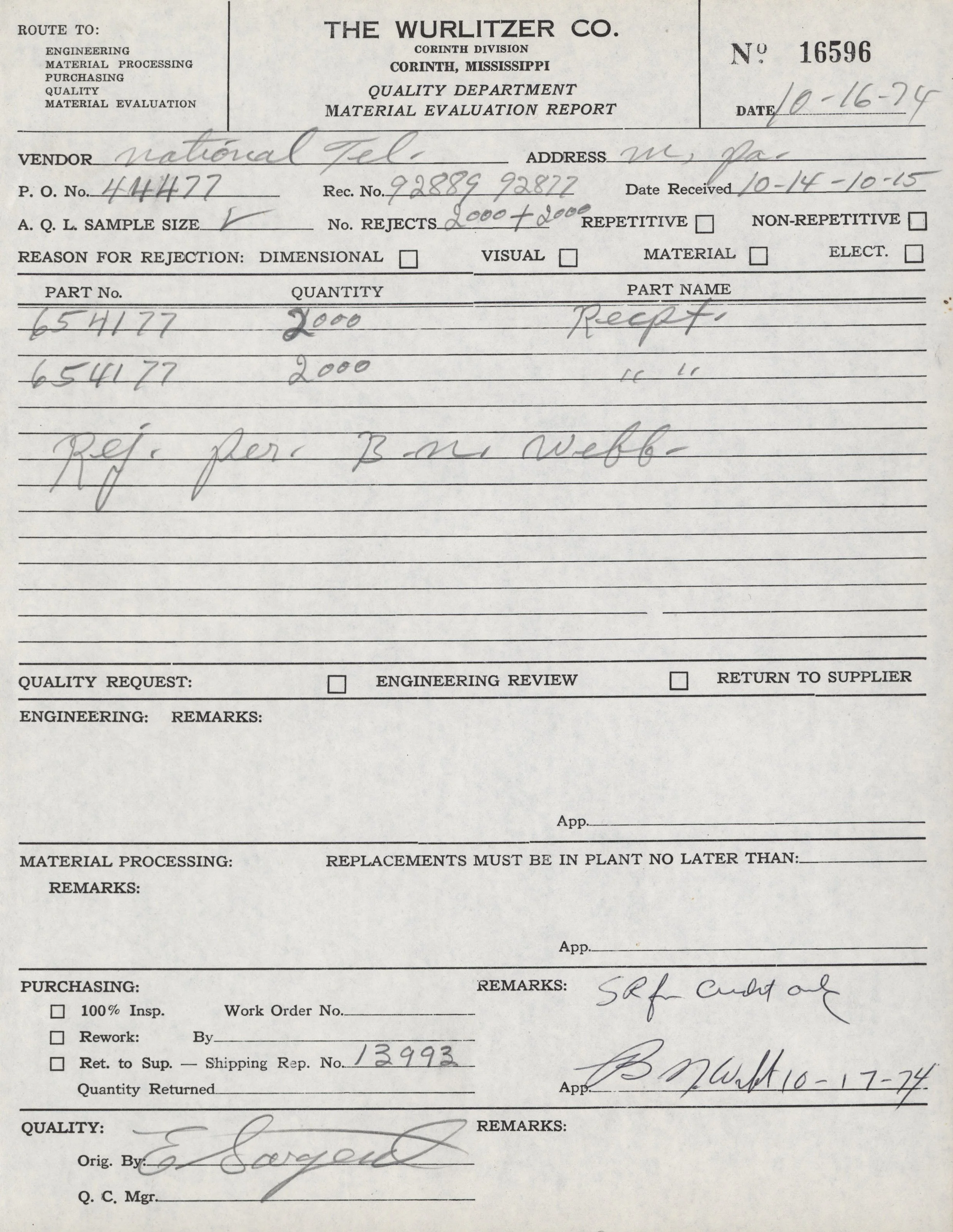 A detailed handwritten document titled "Material Evaluation Report" from the Wurlitzer Company, dated October 16, 1975. It includes information about a vendor named "National Tel.", with a purchase order number 414477, receipt numbers 92889 and 92887