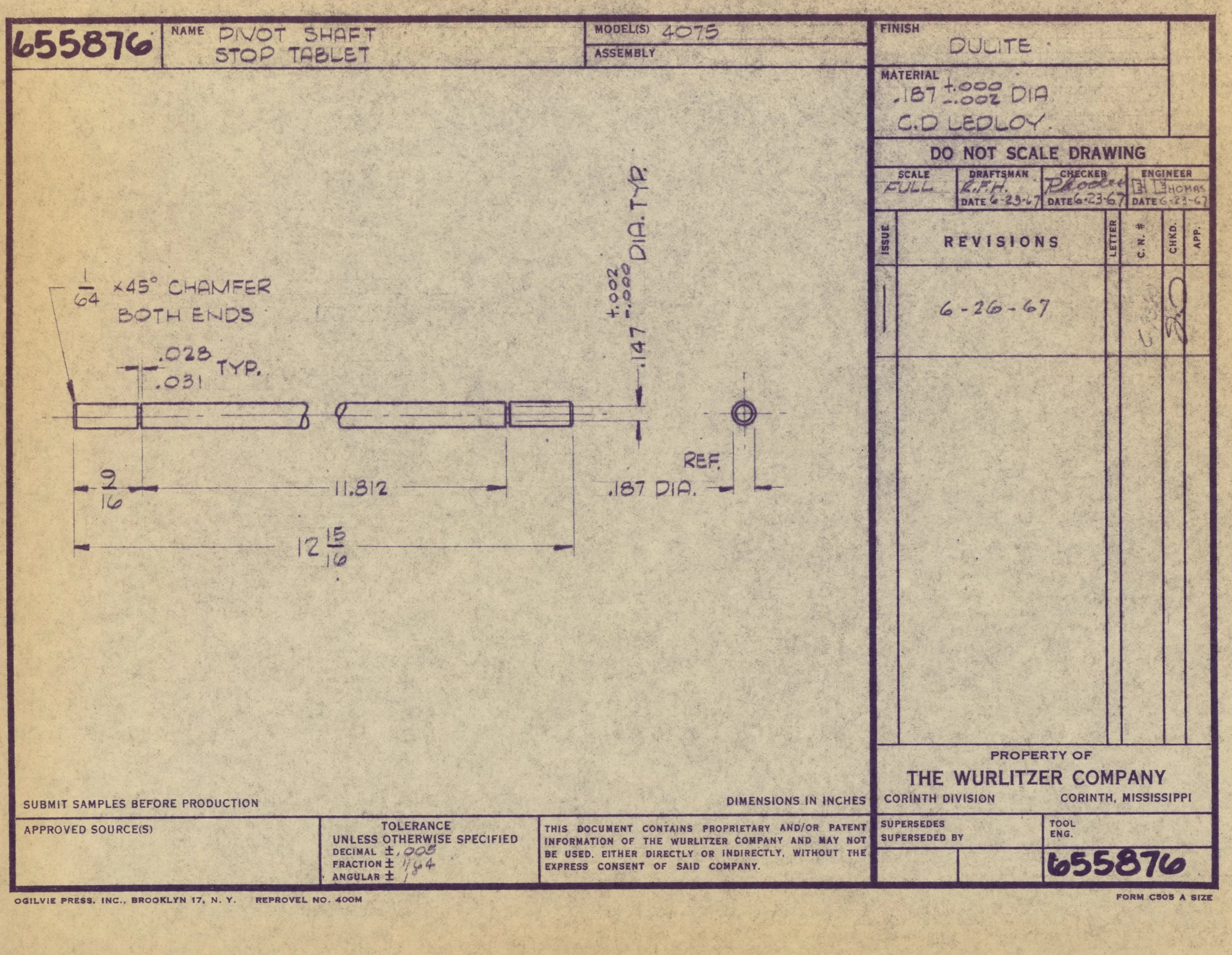 Technical blueprint drawing of a pivot shaft stop tablet from the Wurlitzer Company, with detailed measurements, notes, and revision information, dated June 23, 1967.