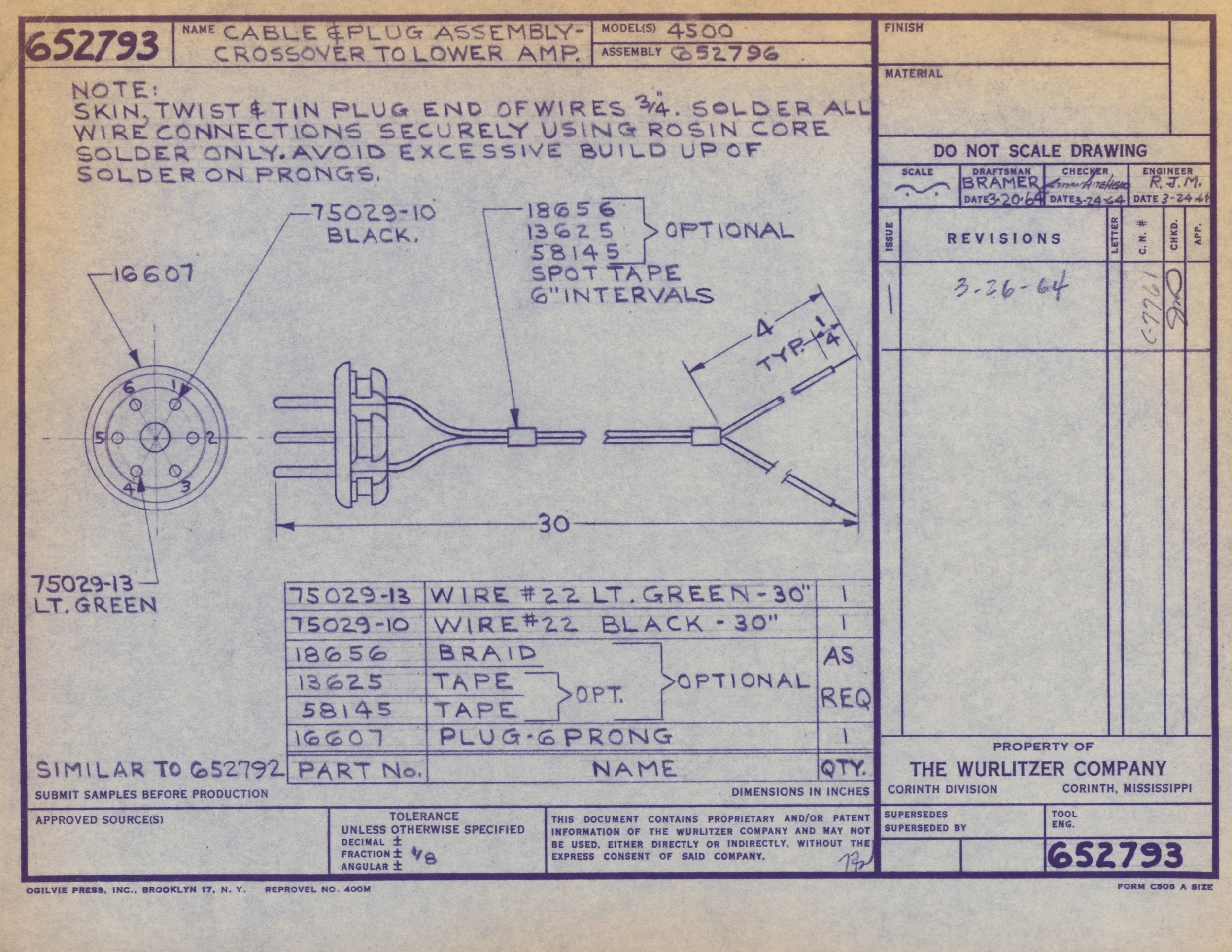 Technical blueprint drawing for cable and plug assembly, labeled with measurements, part numbers, and notes on materials and assembly instructions.
