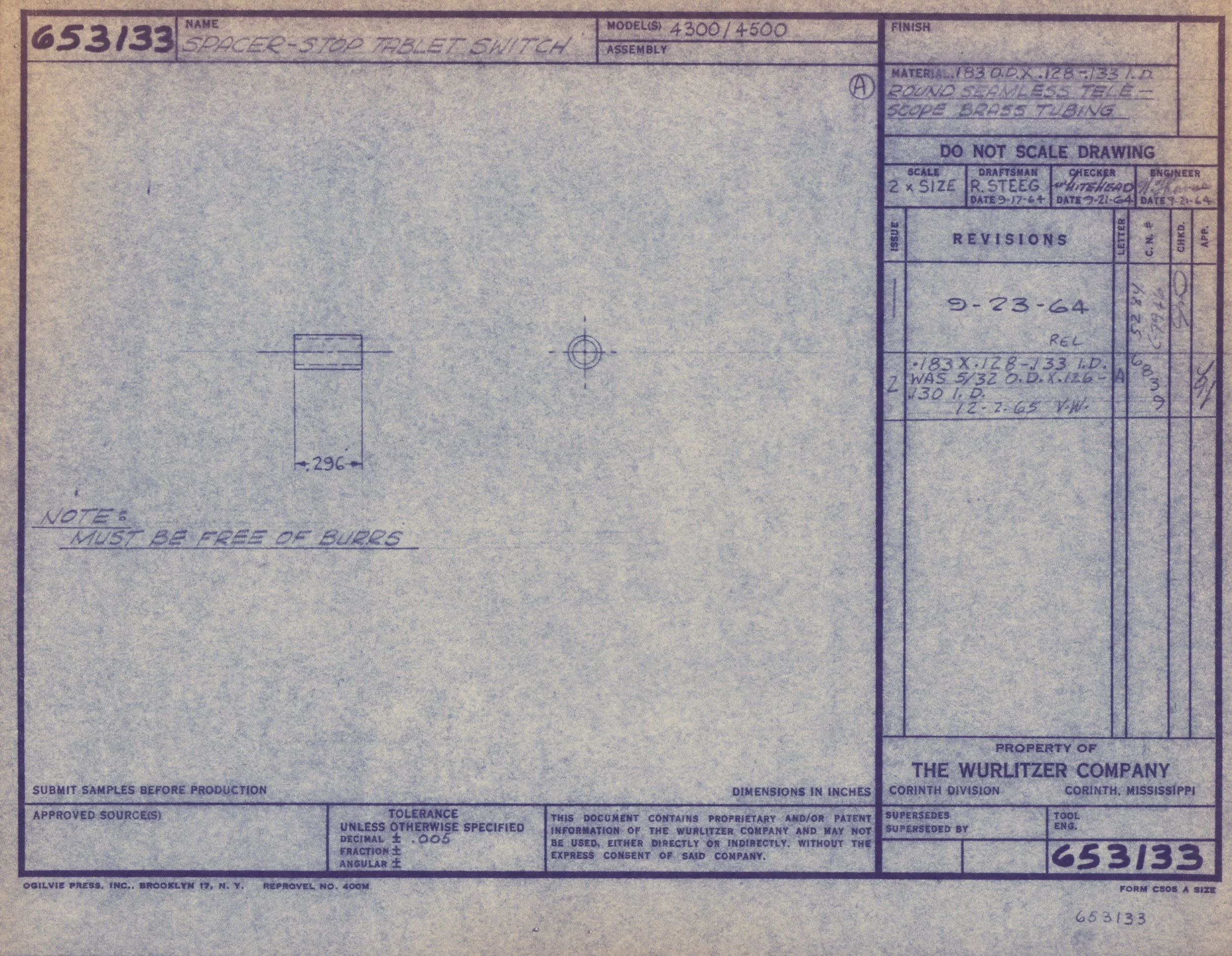 Technical engineering drawing for a space-station stop tablet switch, including specifications, dimensions, and revision notes.