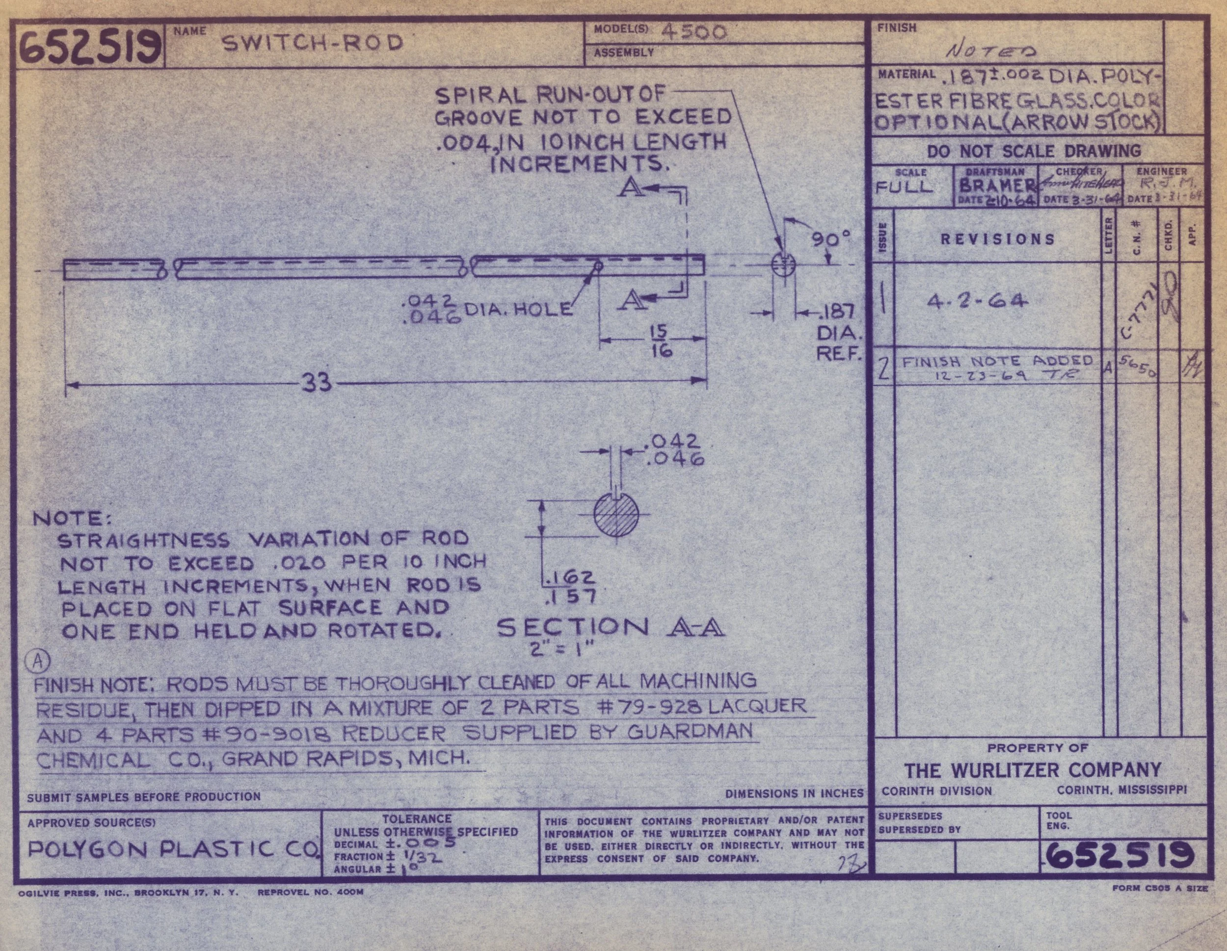 Technical drawing of a switch-rod made of polyester plastic with detailed dimensions and specifications, including notes on spiral run-out grooves and finish requirements.