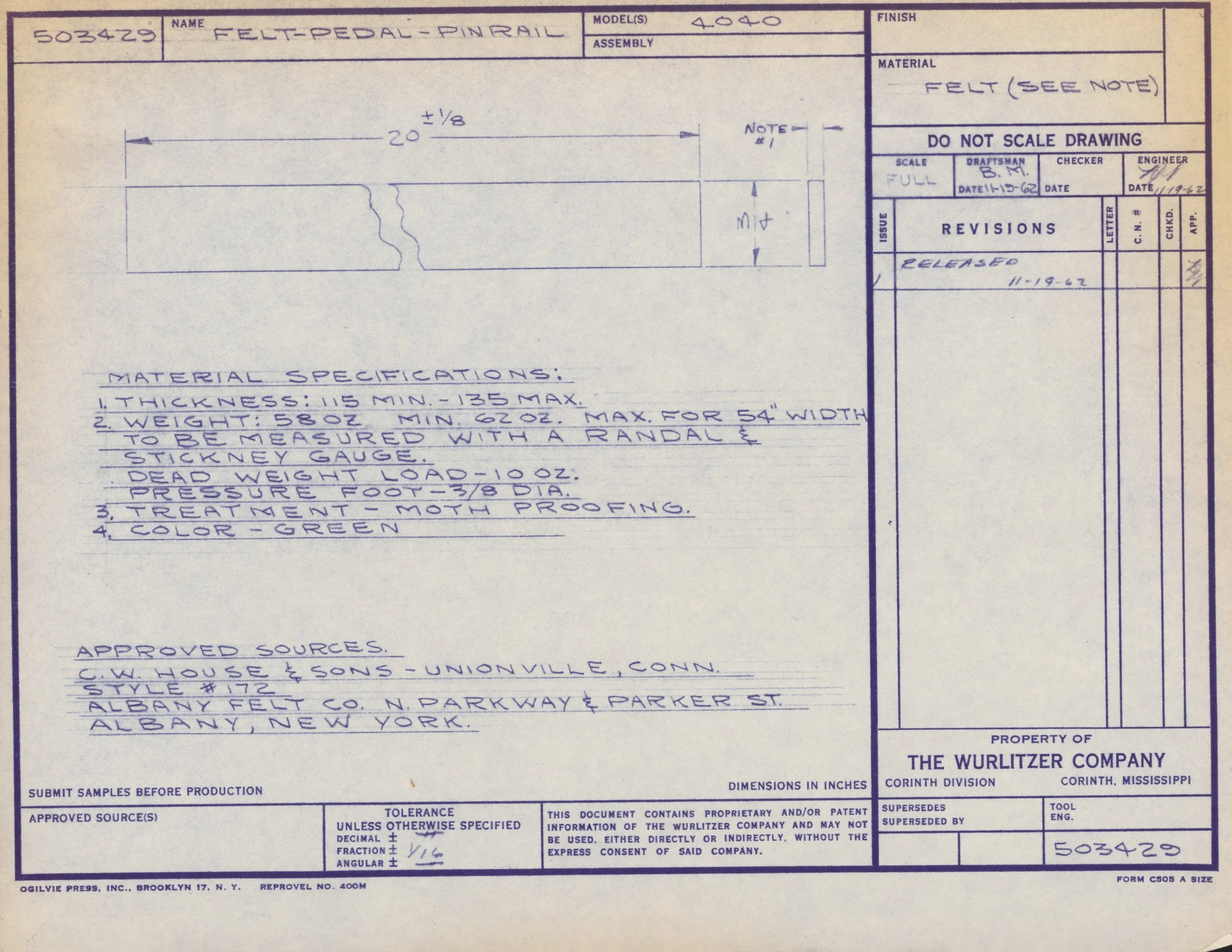Blueprint of a metal part labeled 'Felt-Pedal-Pinrail' with detailed measurements, specifications, and notes, including material info, revision history, and approval signatures.