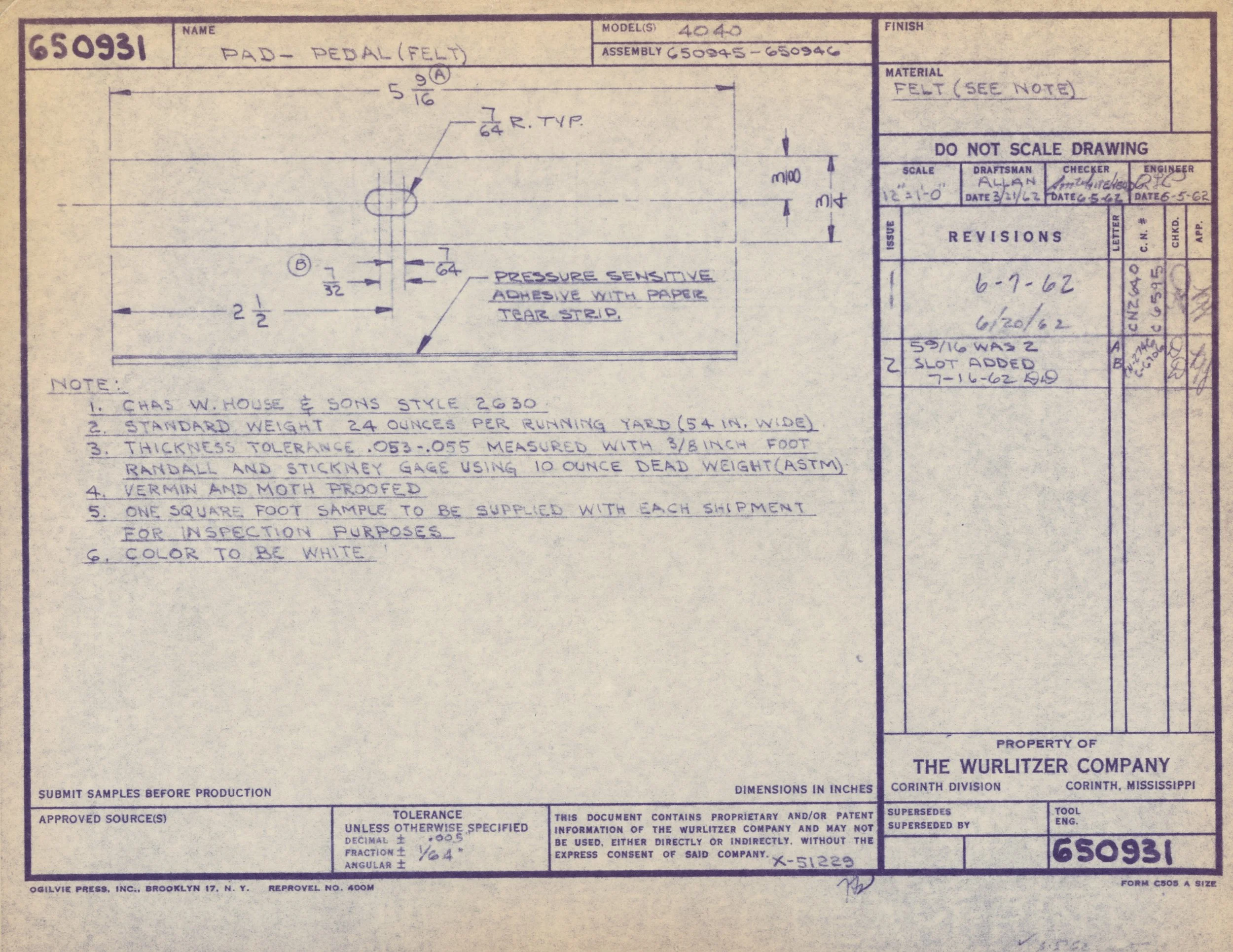 Technical blueprint drawing of a left pedal pad, showing dimensions, material notes, revisions, and approval signatures.
