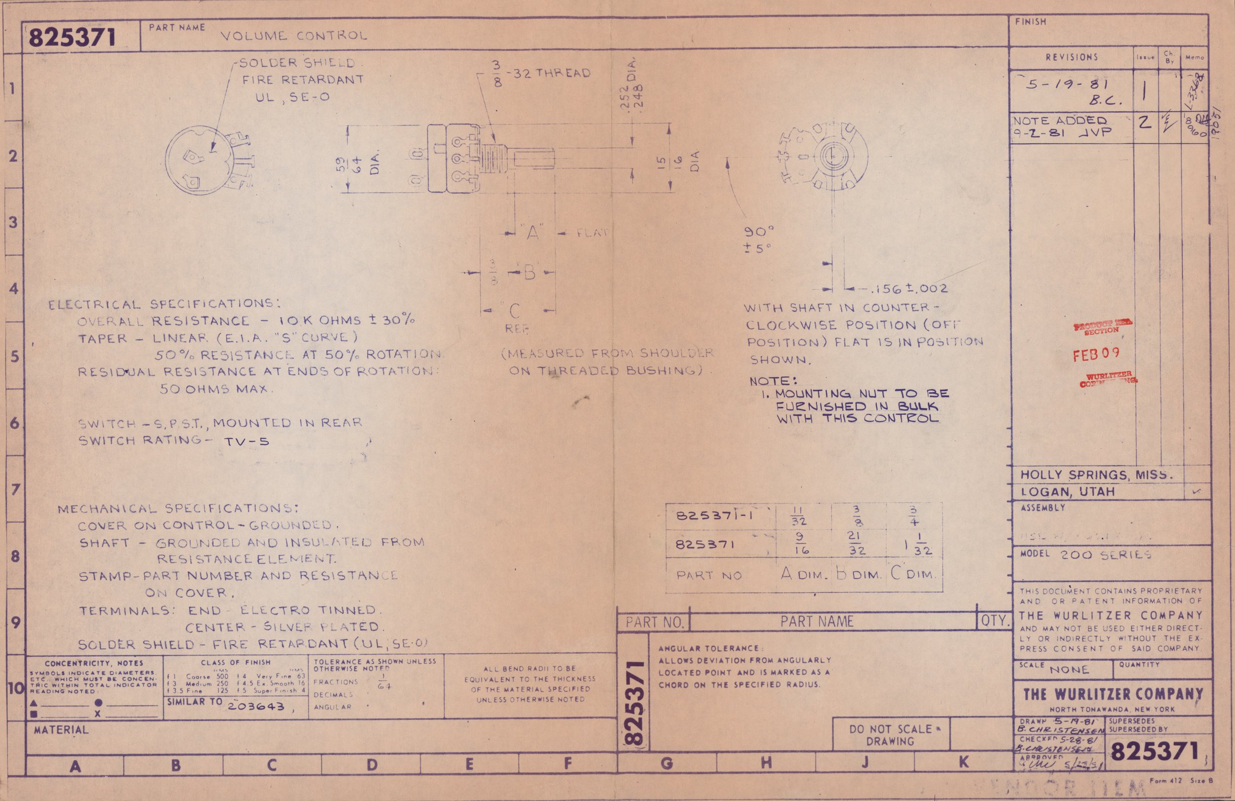 Technical engineering drawing labeled as part number 825371 for a volume control. It includes detailed measurements, specifications, and notes, with sections for material, mechanical and electrical specifications, and assembly instructions.