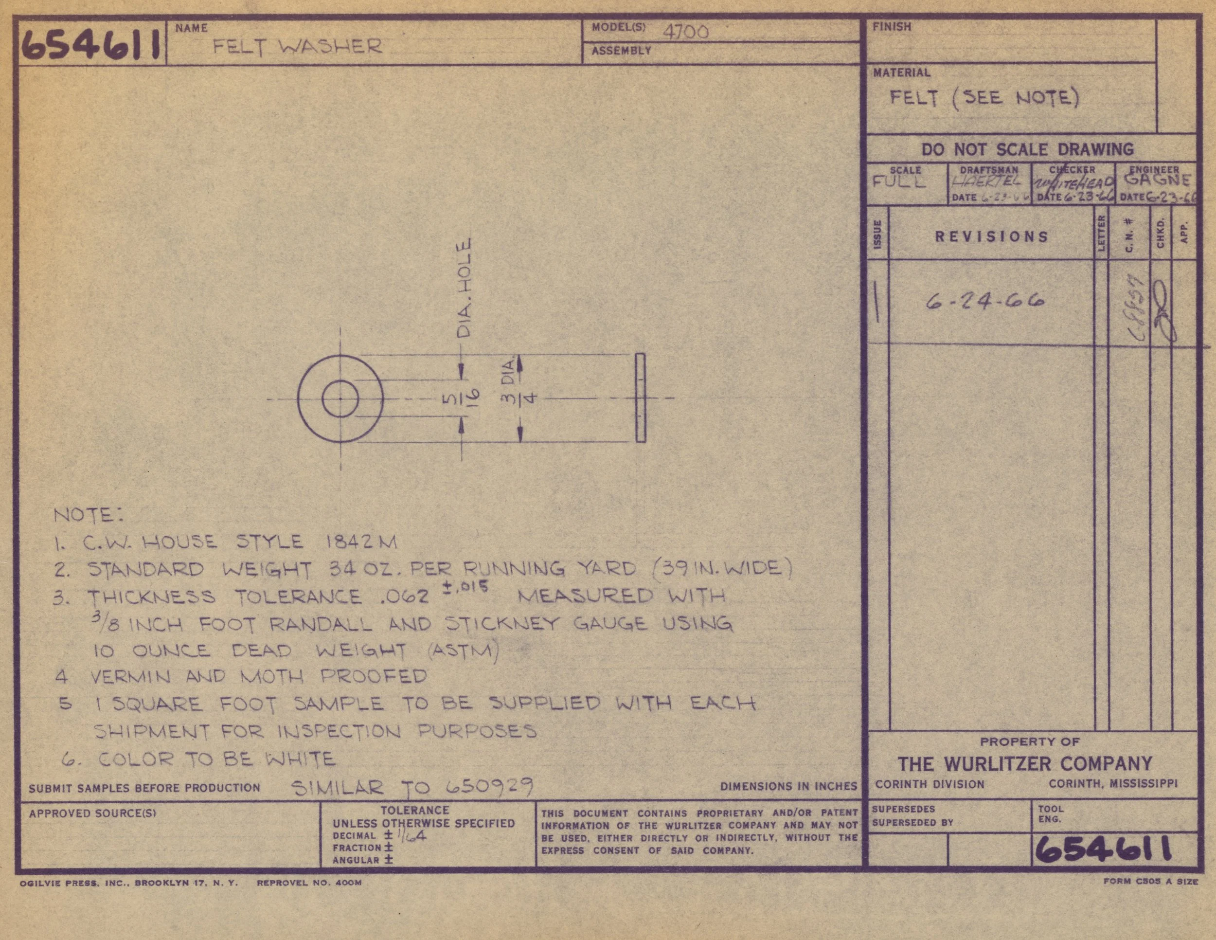 Blueprint for a felt washer showing technical specifications and measurements.