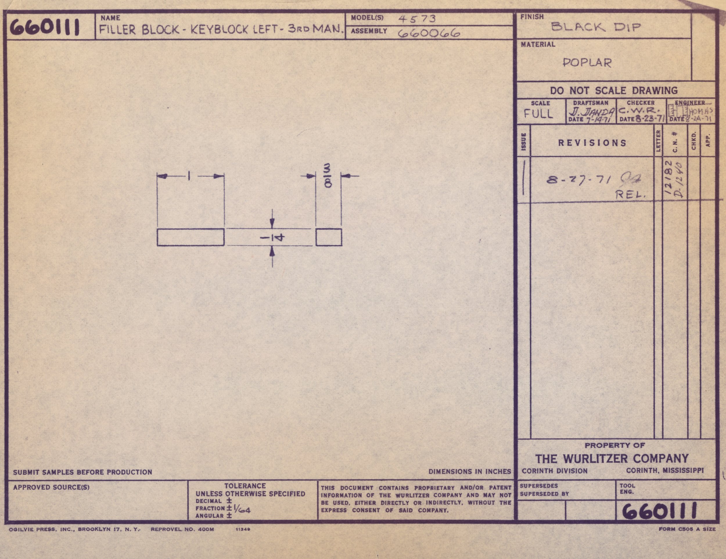 Technical drawing blueprint for a filler block for a keylock left, model 4573, with a black dip finish, made of poplar, by the Wurlitzer Company, dated 1971, showing dimensions and specifications.