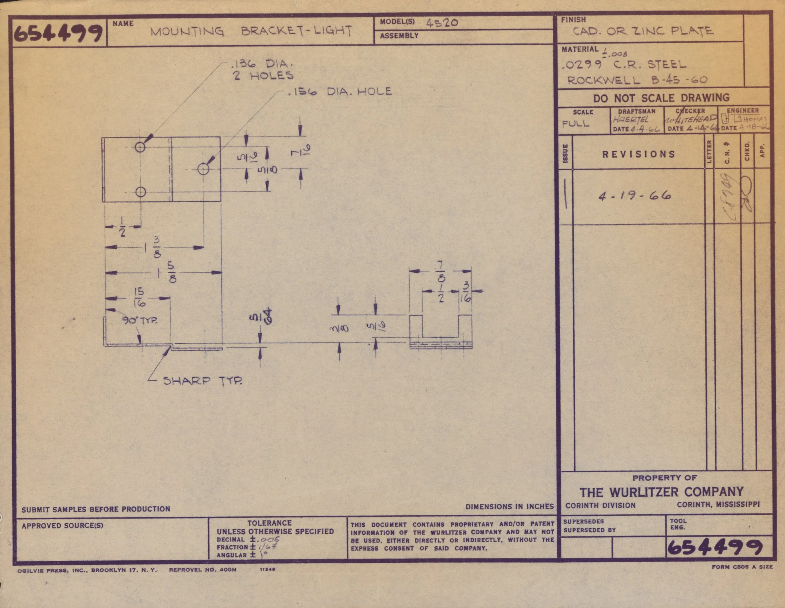 Technical blueprint of a mounting bracket with light, showing dimensions and hole placements, created by Wurlitzer Company.