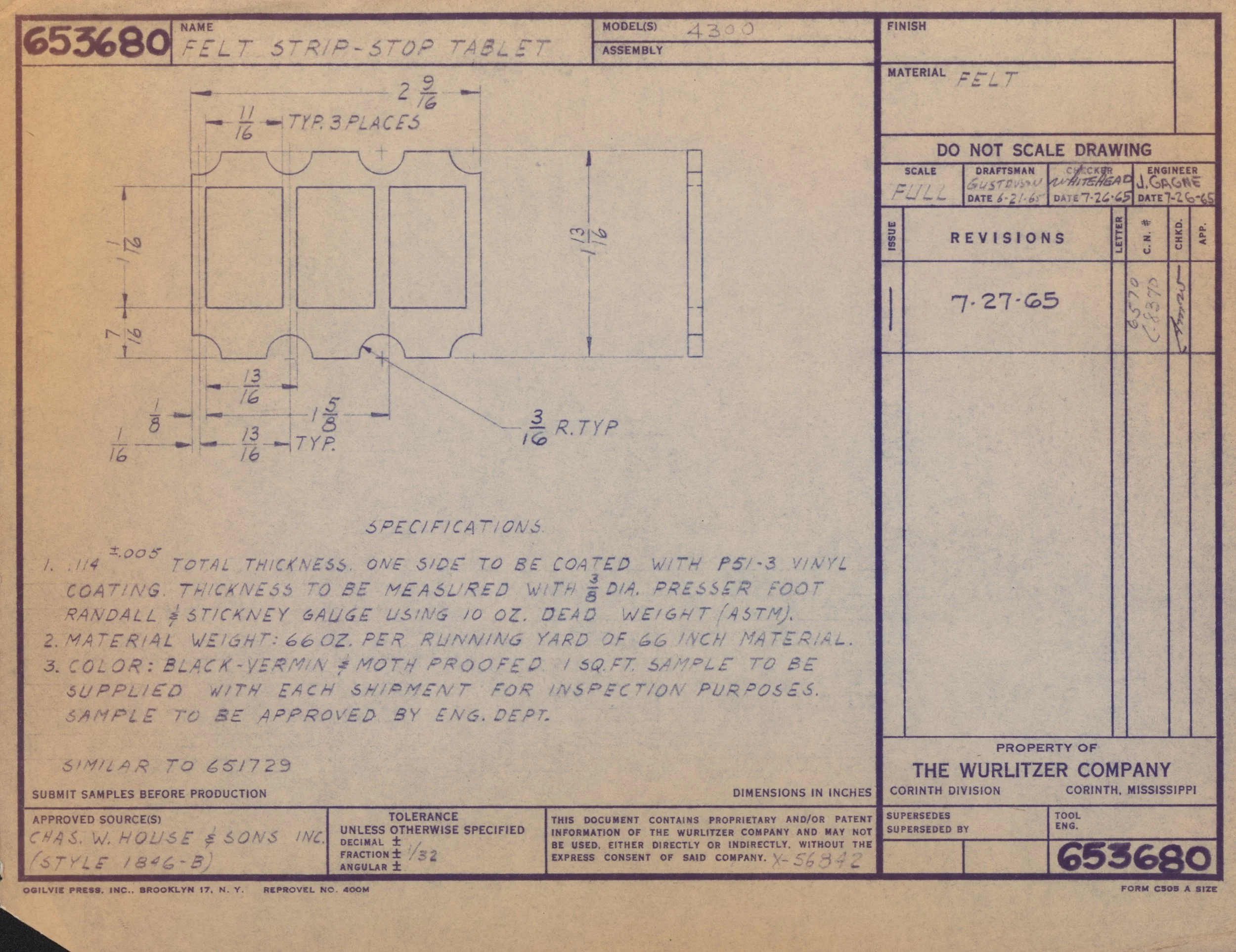 Blueprint drawing of a felt strip-stop table, showing dimensions and specifications for construction.