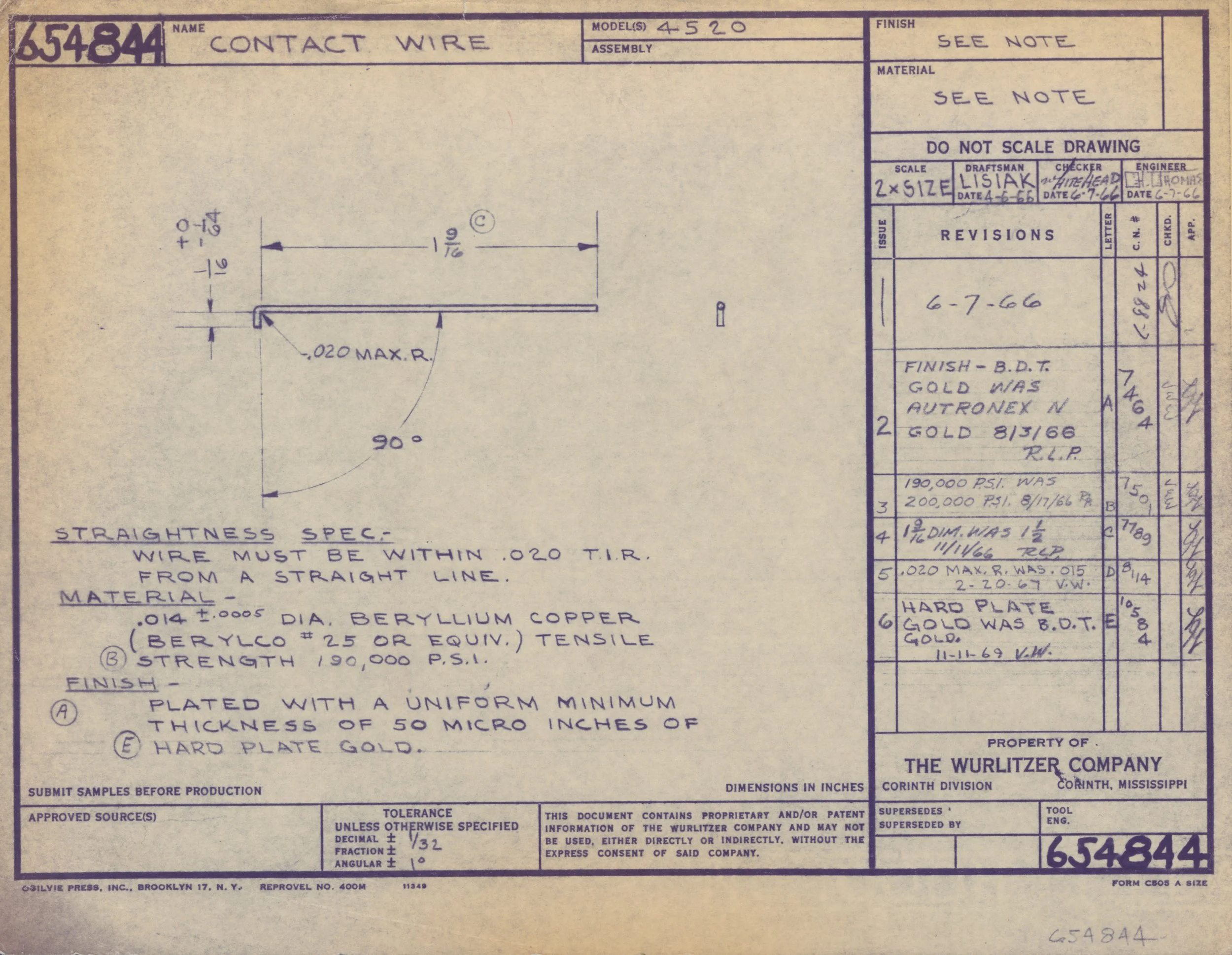 Technical engineering drawing of contact wire, with dimensions and specifications, including notes on materials and finish, created for manufacturing purposes.