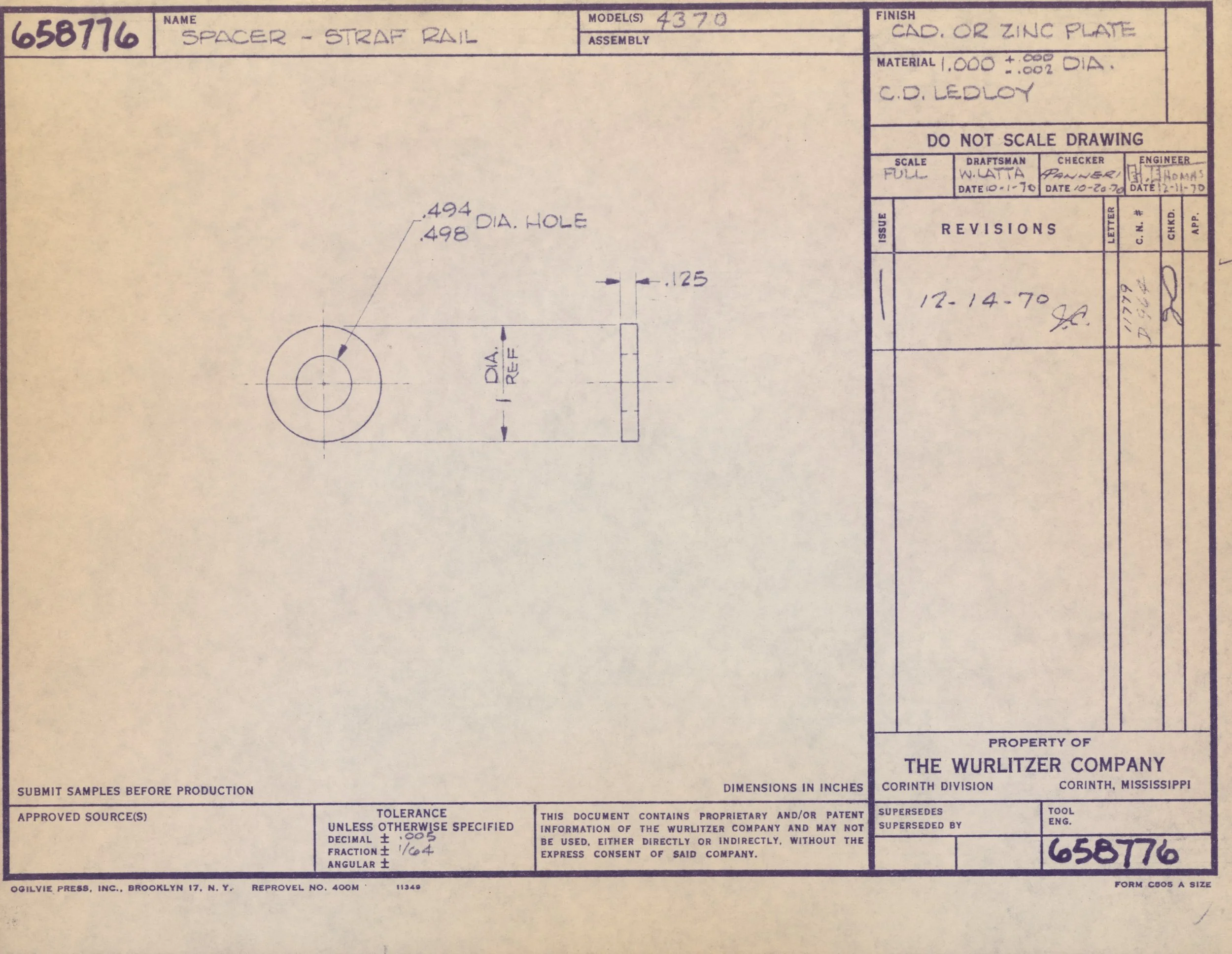 Technical drawing or blueprint of a spacer-straf rail with dimensions, signature, date, and engineering details.