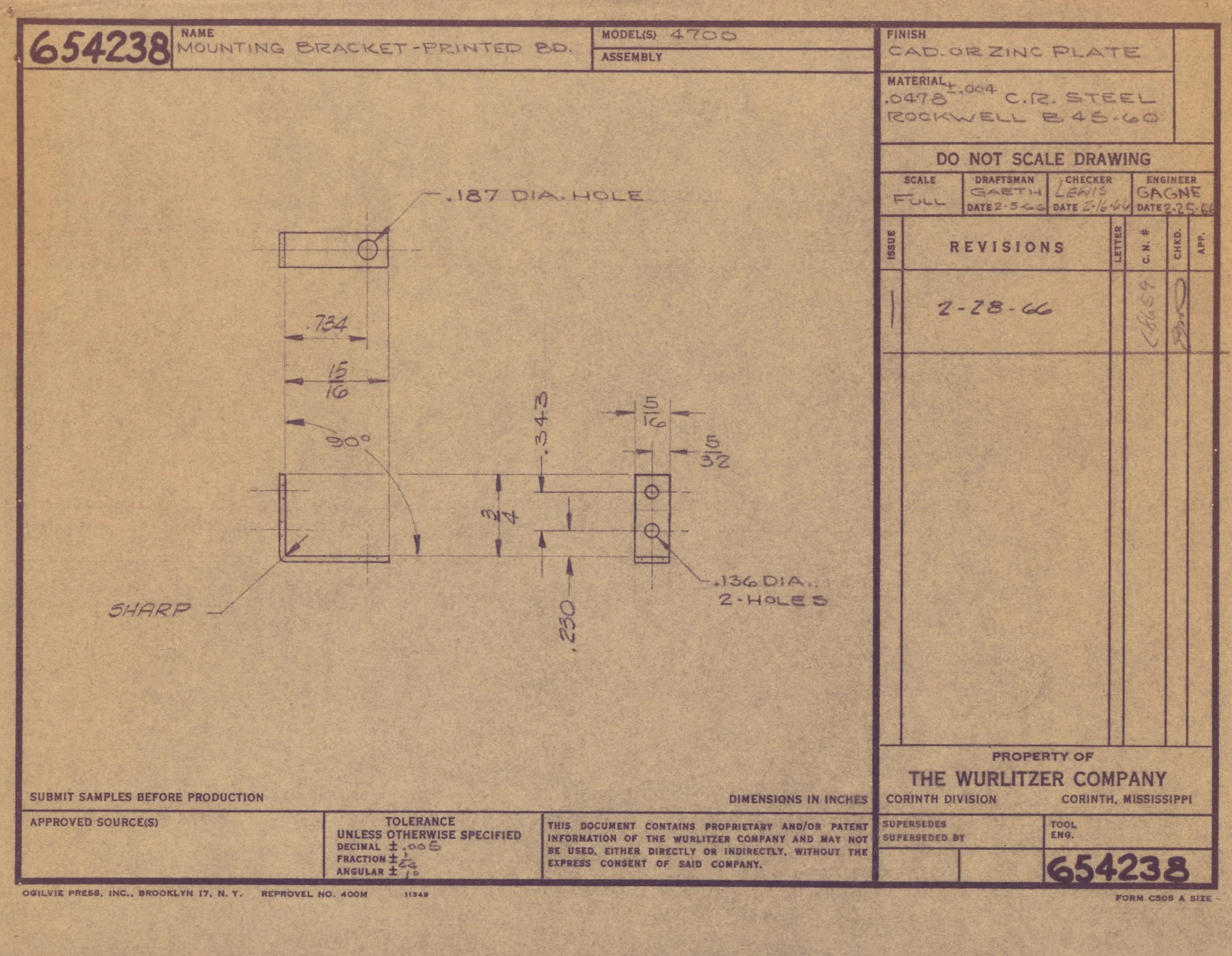 Technical engineering drawing of a mounting bracket with detailed measurements and specifications, produced by The Wurlitzer Company.