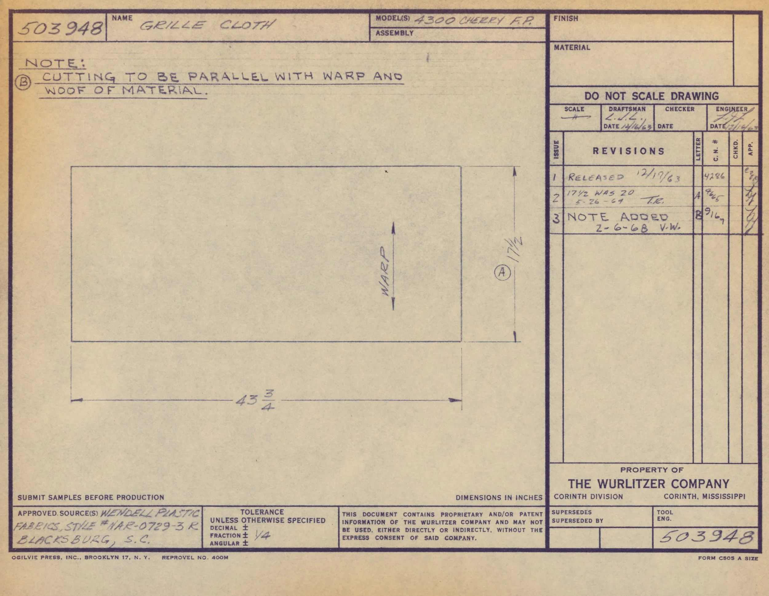 Technical drawing or blueprint for a grill cloth fabric pattern from Wurlitzer Company, showing dimensions, notes, and specifications, with handwritten notes and a grid layout.