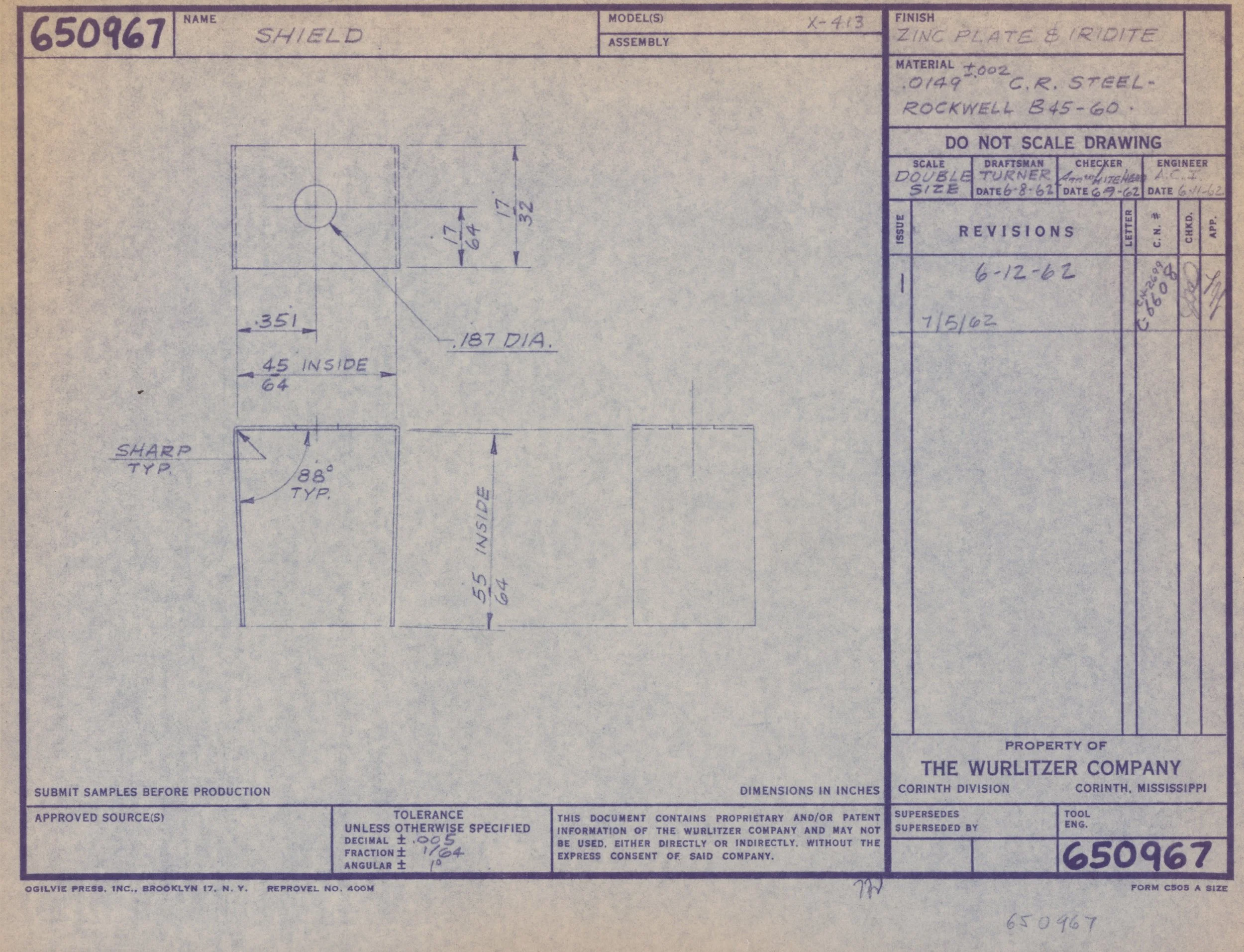 Technical blueprint drawing of a metal shield, showing dimensions and specifications, created by The Wurlitzer Company in Mississippi, with handwritten notes and revision dates.
