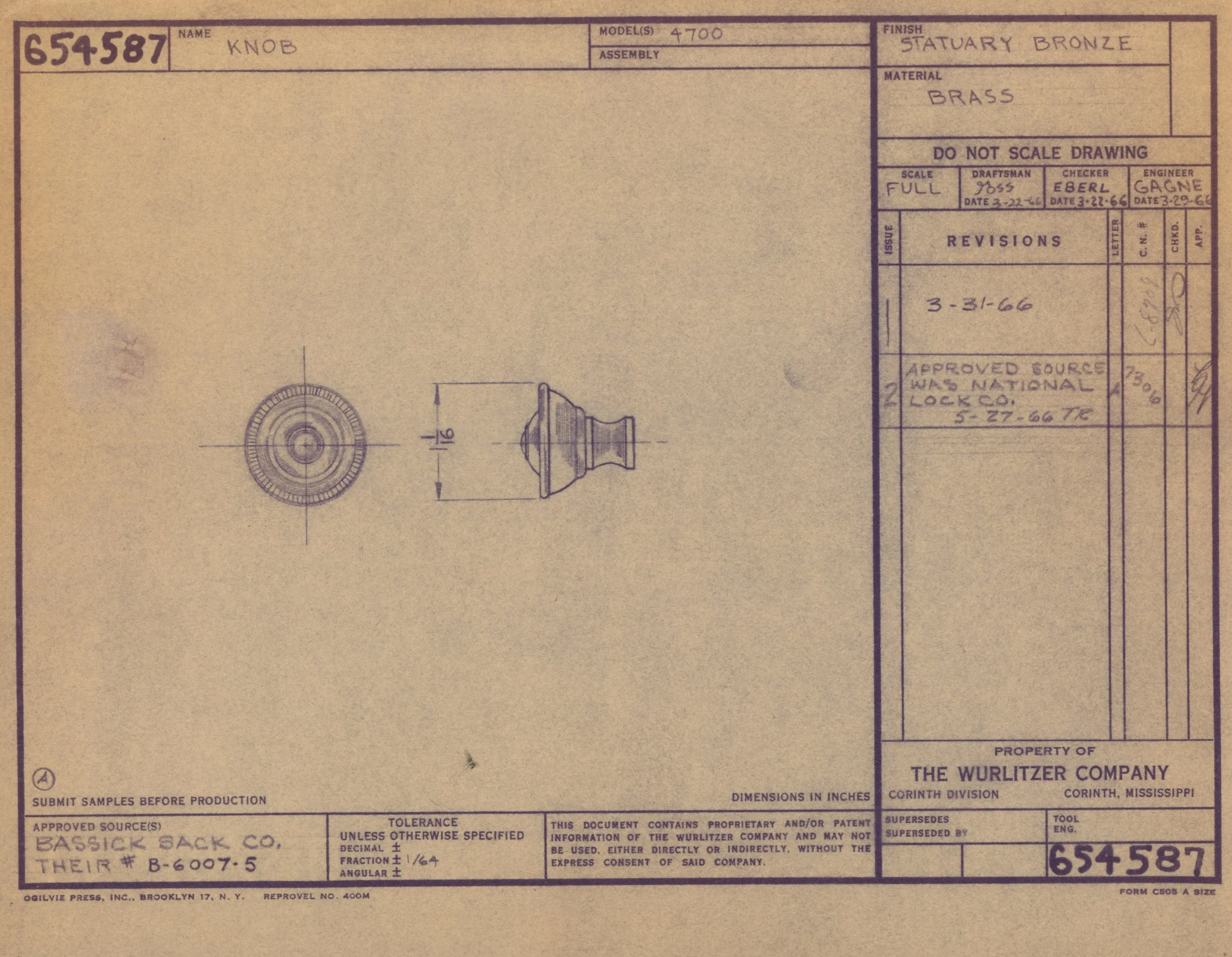 Blueprint of a bronze door knob, showing a front view and a side profile with measurements. The blueprint includes handwritten notes and technical details about the knob design.